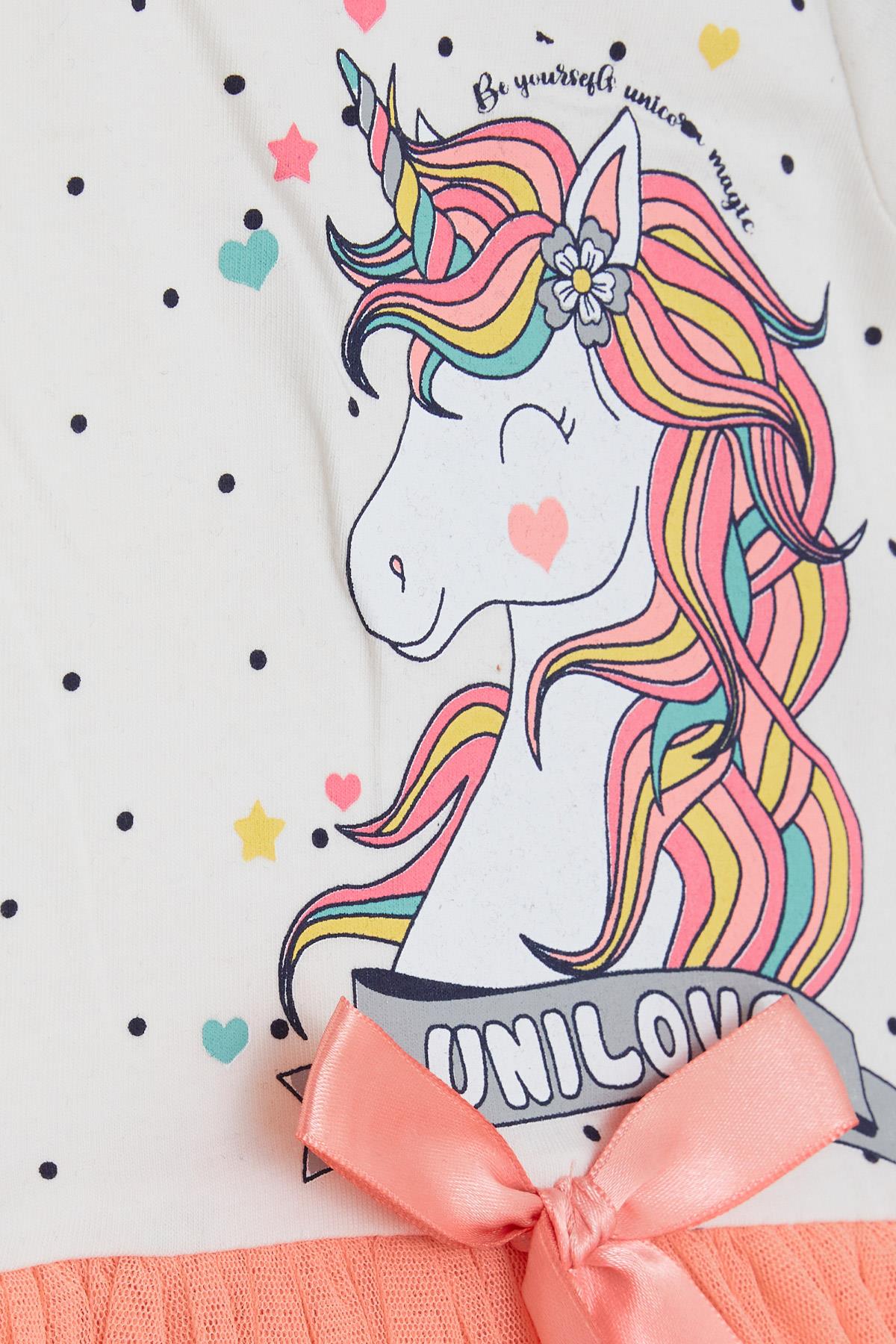 Breeze Kız Çocuk Elbise Unicorn Baskılı Tüllü Fiyonklu Ekru (3-8 Yaş)