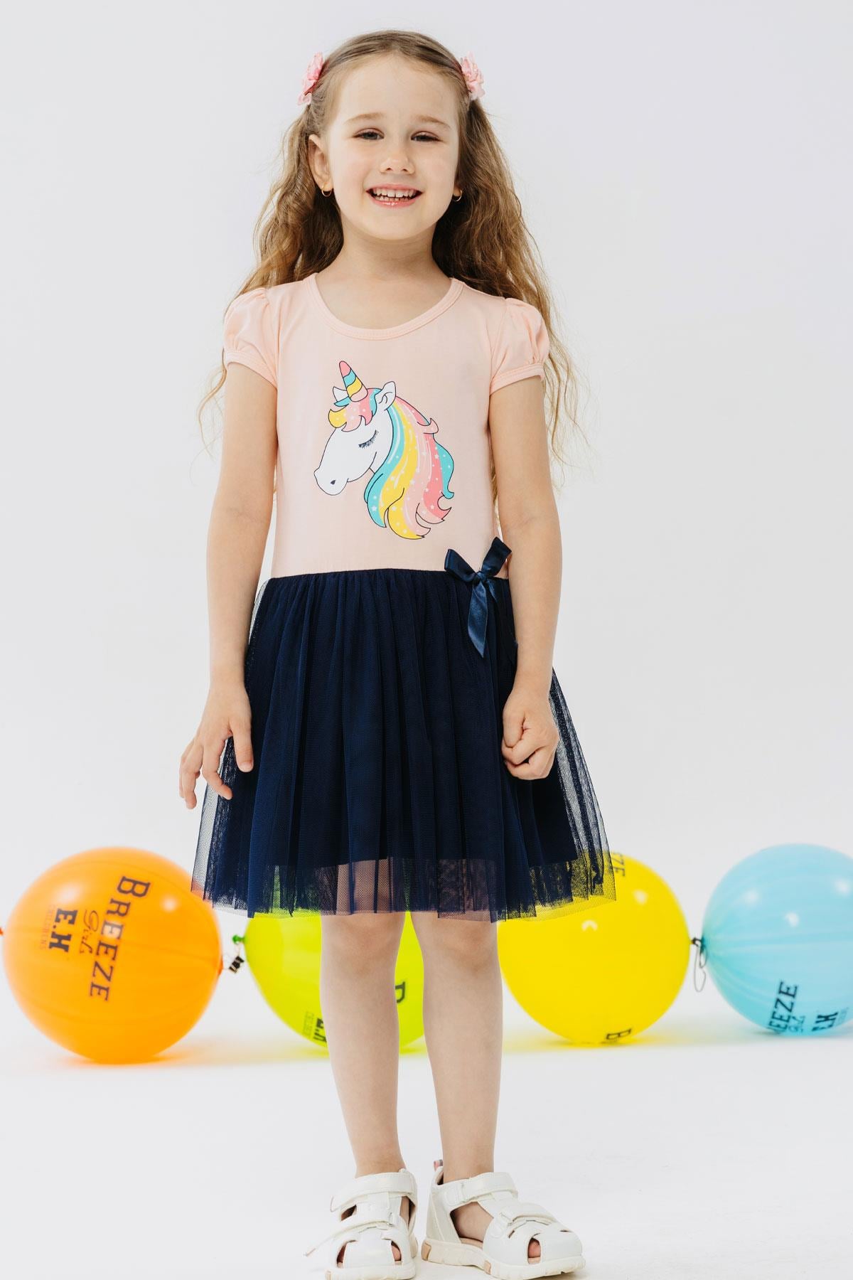 Breeze Kız Çocuk Elbise Unicorn Baskılı Somon (4 Yaş)