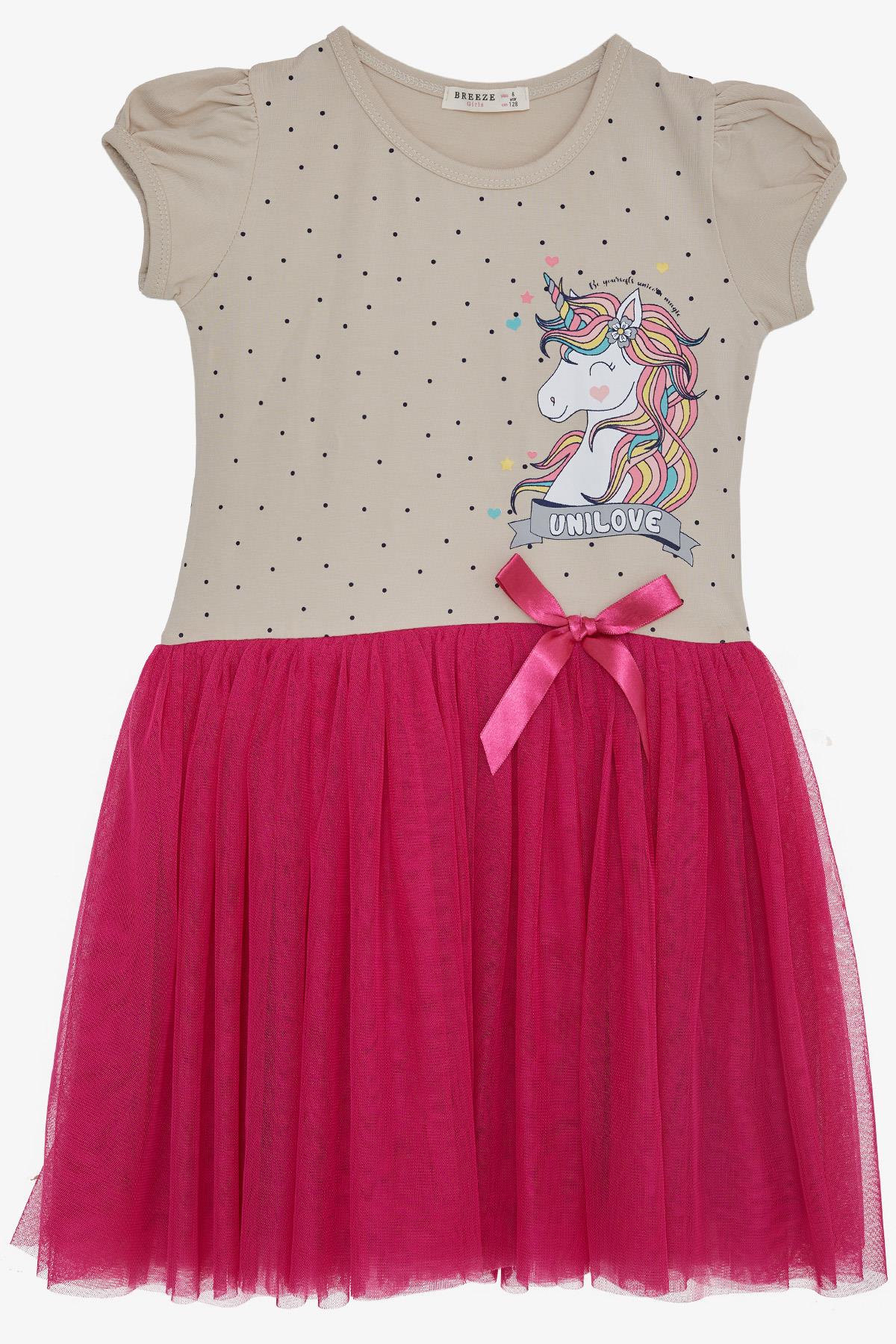 Breeze Kız Çocuk Elbise Unicorn Baskılı Tüllü Fiyonklu Bej (3-8 Yaş)