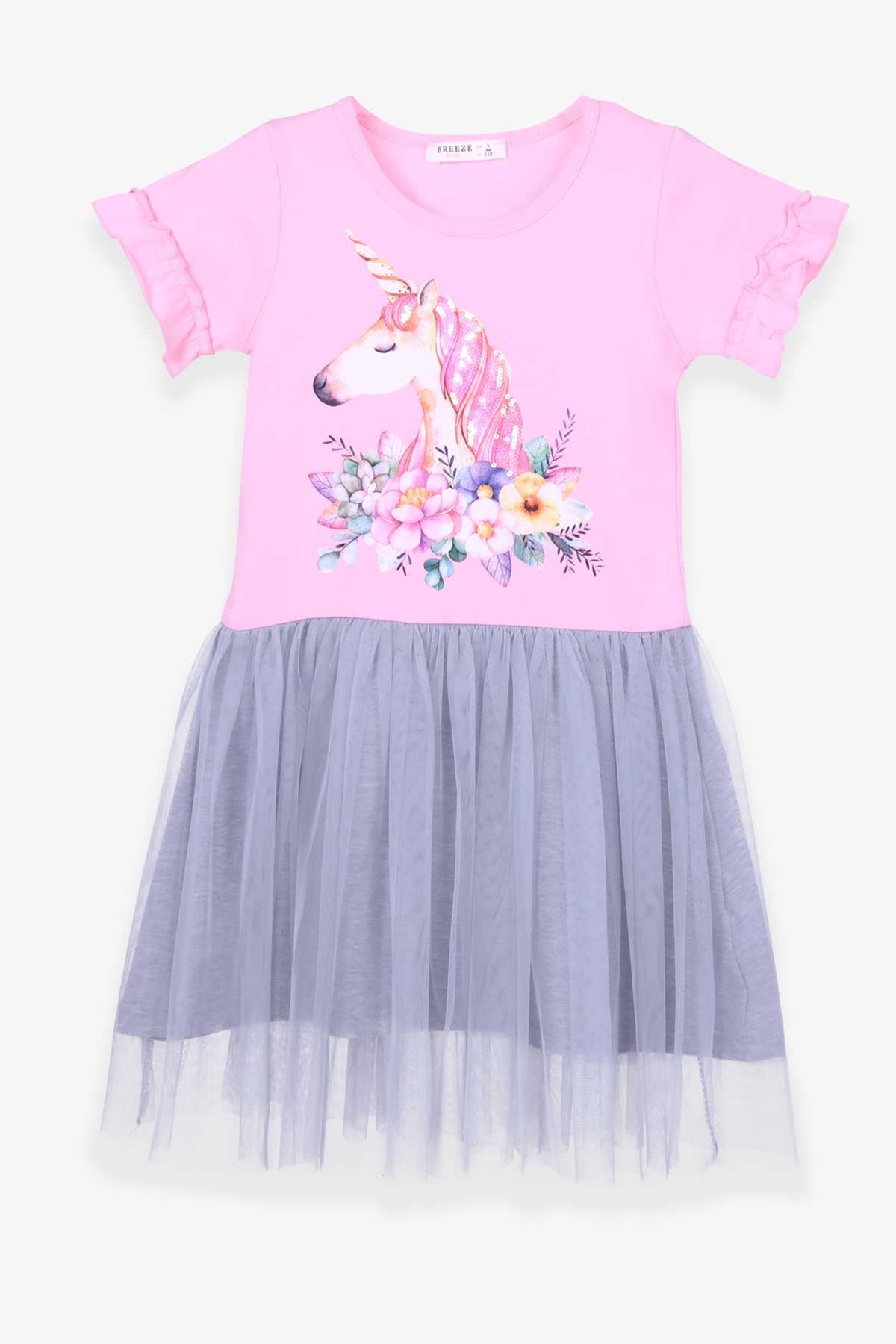 Breeze Kız Çocuk Elbise Unicorn Baskılı Pudra (5-10 Yaş)