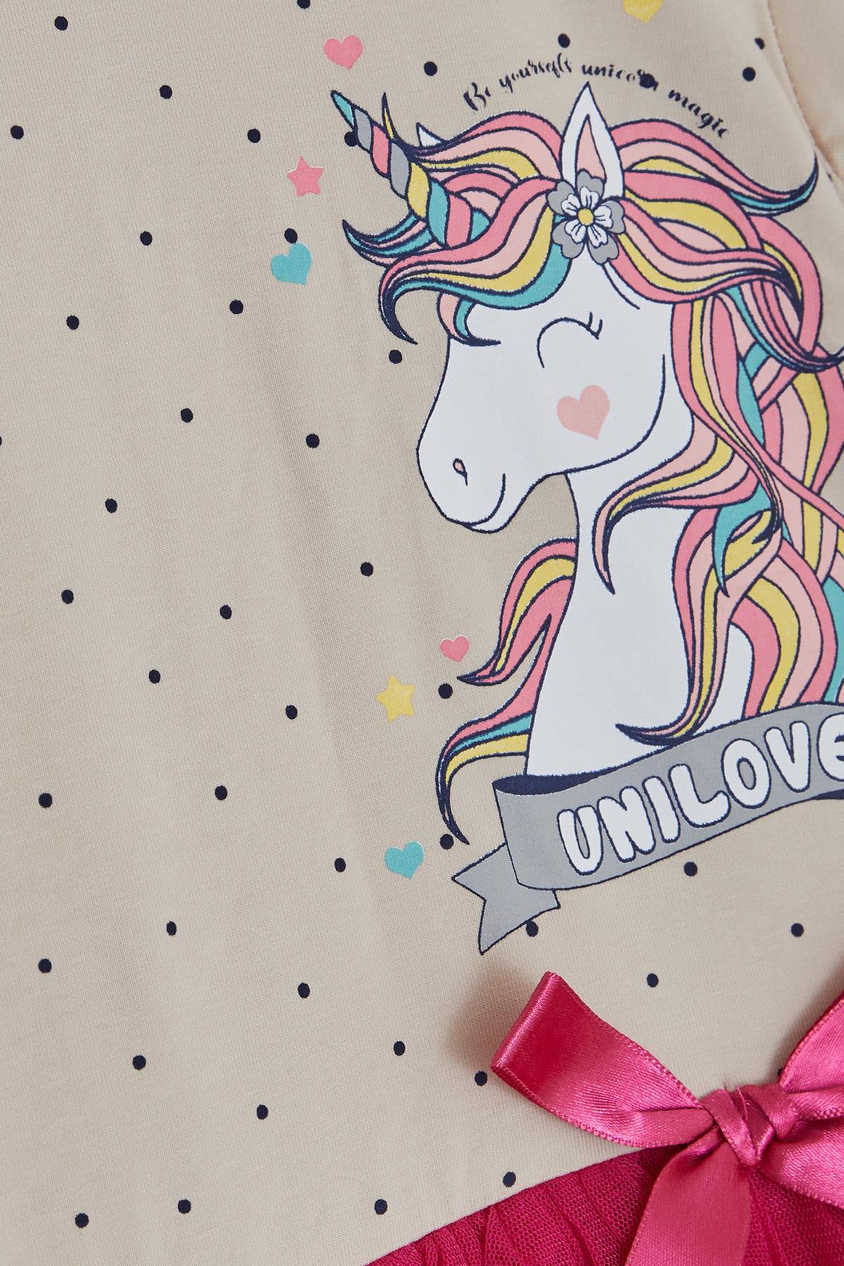 Breeze Kız Çocuk Elbise Unicorn Baskılı Tüllü Fiyonklu Bej (3-8 Yaş)