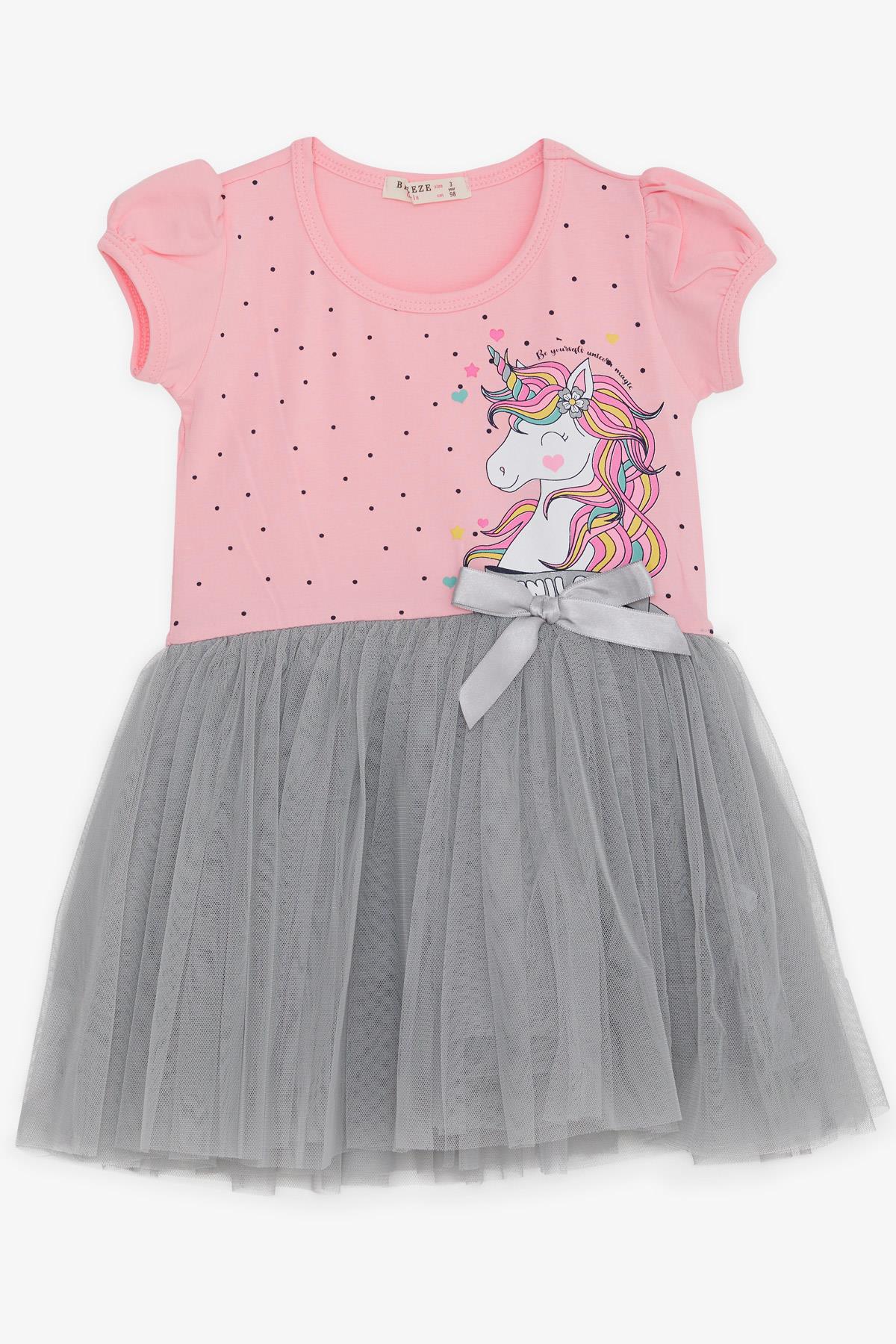 Breeze Kız Çocuk Elbise Unicorn Baskılı Tüllü Fiyonklu Pembe (3-6 Yaş)