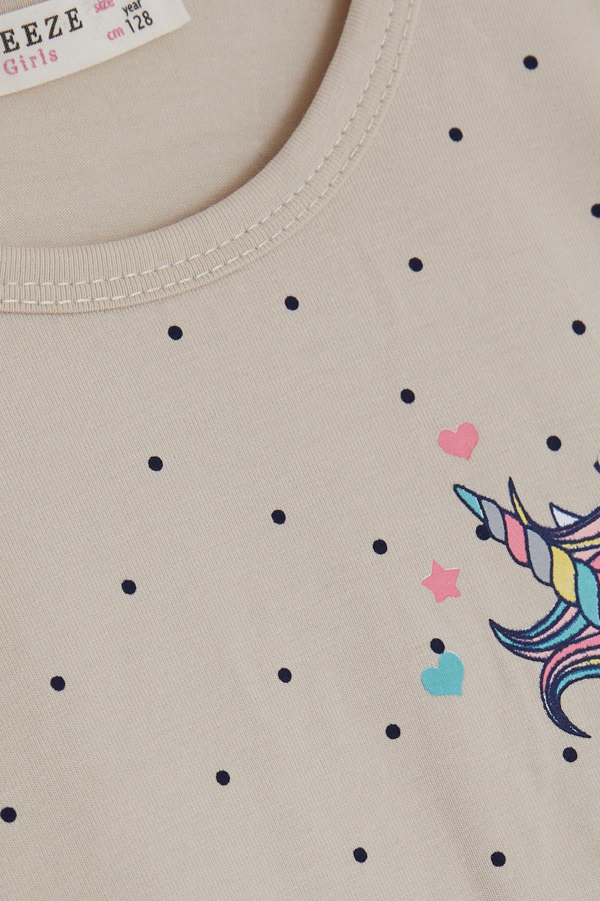 Breeze Kız Çocuk Elbise Unicorn Baskılı Tüllü Fiyonklu Bej (3-8 Yaş)