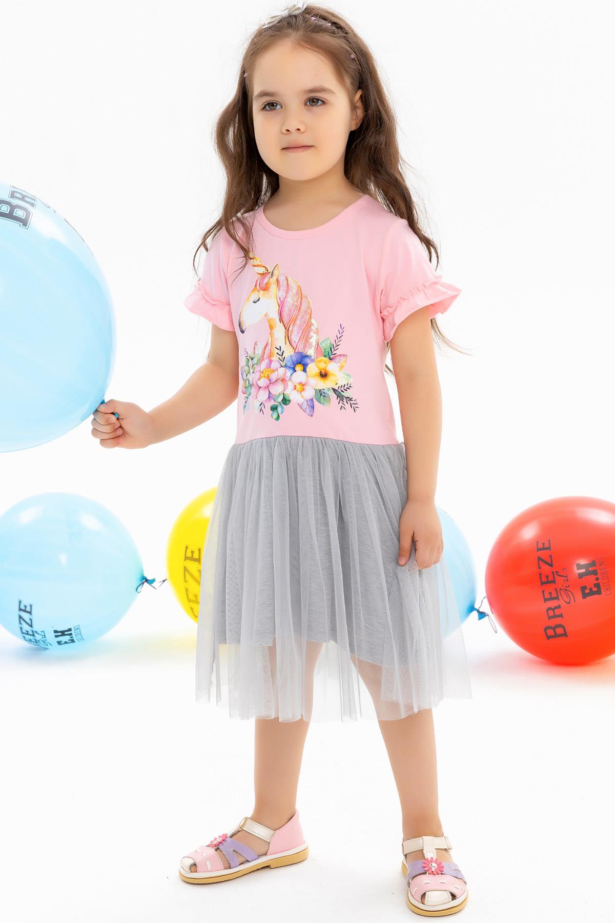 Breeze Kız Çocuk Elbise Unicorn Baskılı Pudra (5 Yaş)