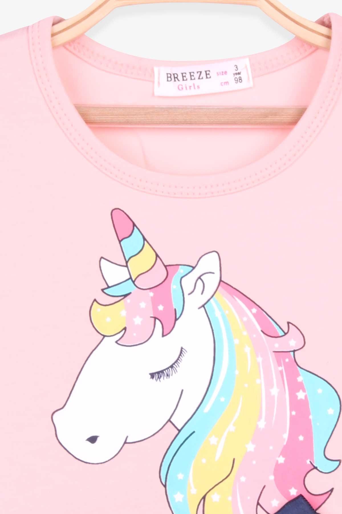 Breeze Kız Çocuk Elbise Unicorn Baskılı Somon (4 Yaş)