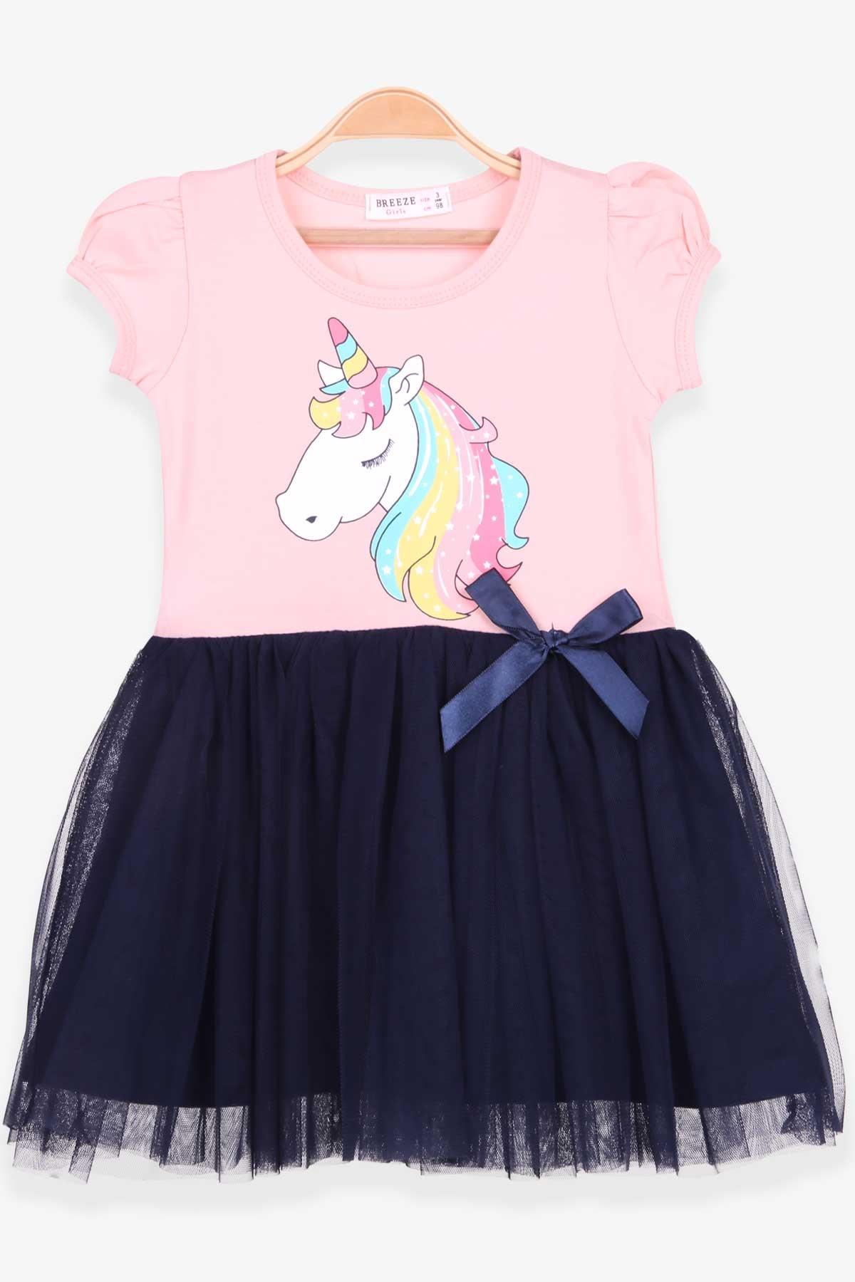 Breeze Kız Çocuk Elbise Unicorn Baskılı Somon (4 Yaş)