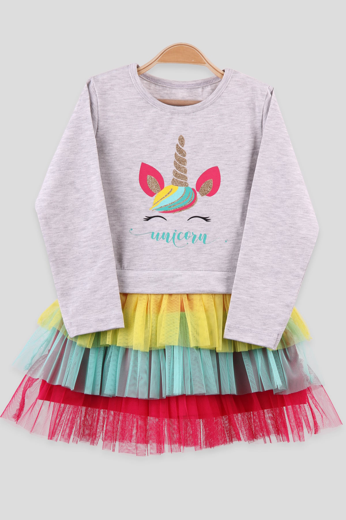 Breeze Kız Çocuk Elbise Unicorn Baskılı Tütü Gri (3-8 Yaş)