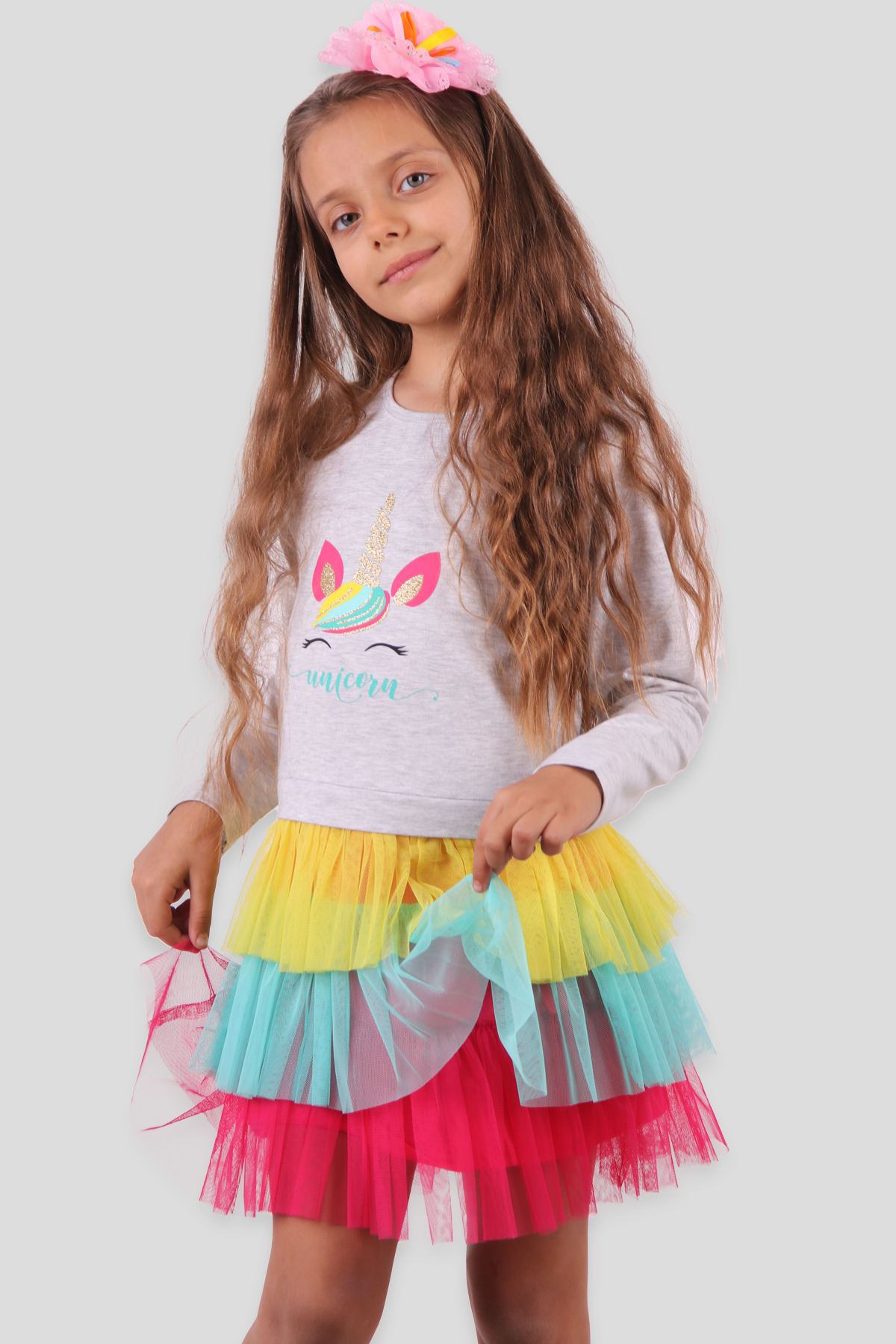 Breeze Kız Çocuk Elbise Unicorn Baskılı Tütü Gri (3-8 Yaş)