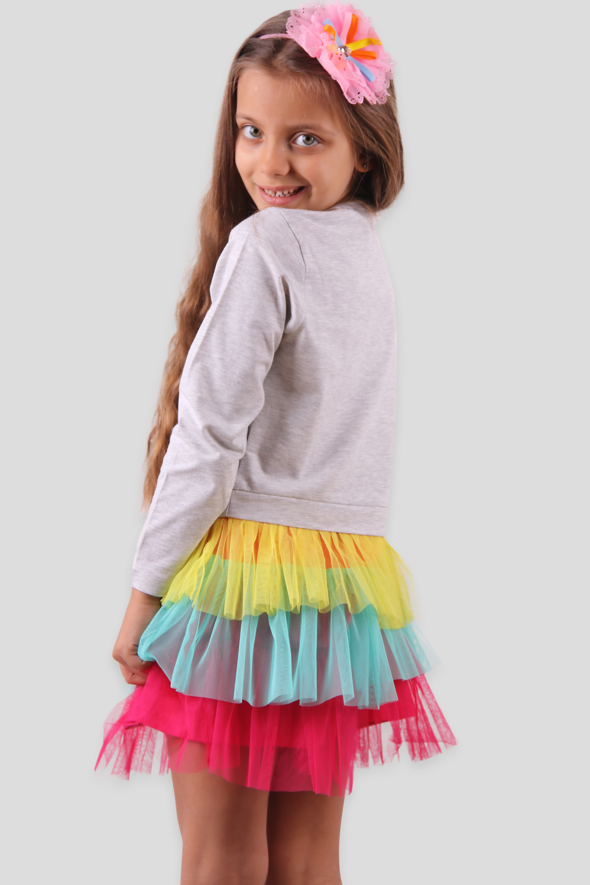Breeze Kız Çocuk Elbise Unicorn Baskılı Tütü Gri (3-8 Yaş)
