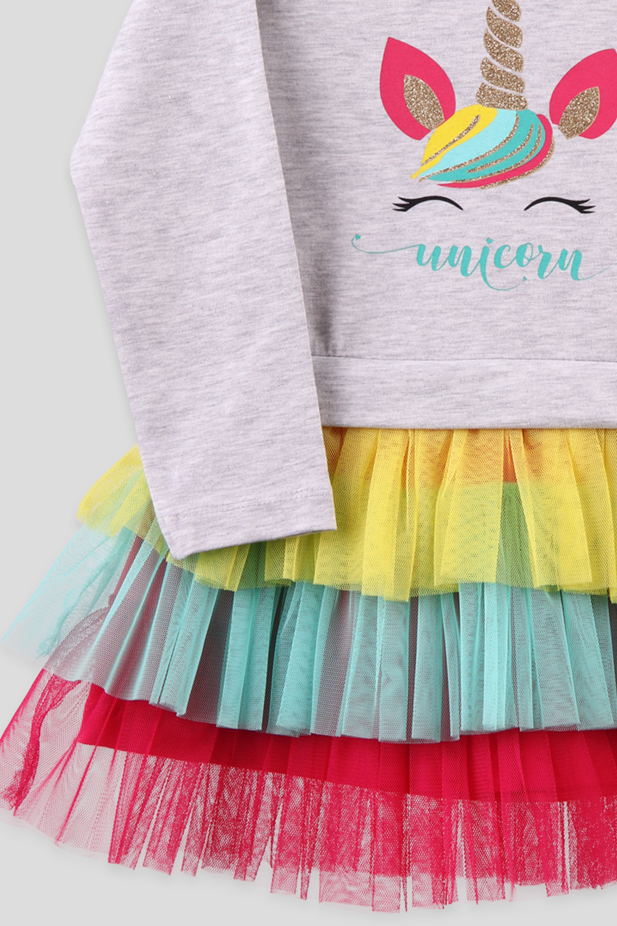 Breeze Kız Çocuk Elbise Unicorn Baskılı Tütü Gri (3-8 Yaş)