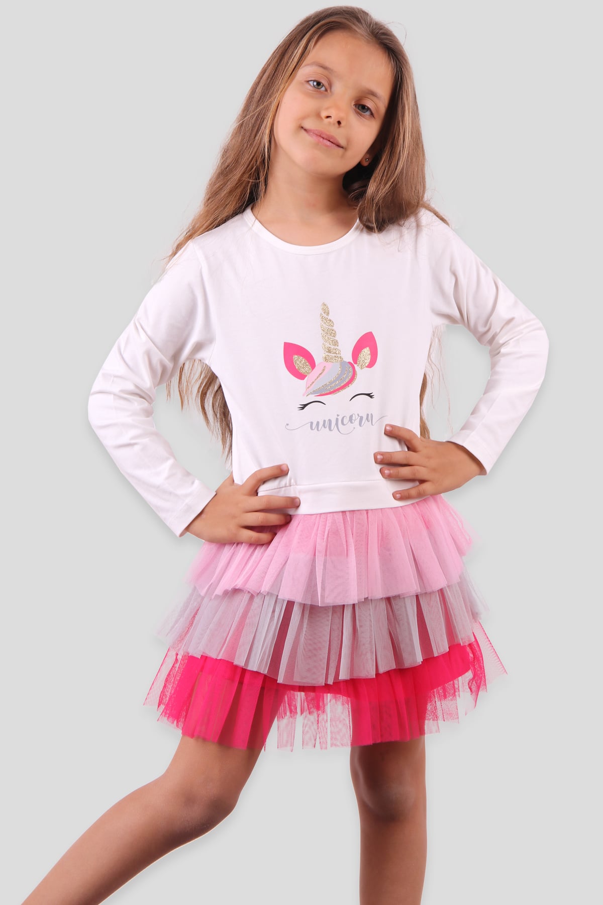 Breeze Kız Çocuk Elbise Unicorn Baskılı Tütü Ekru (3-8 Yaş)
