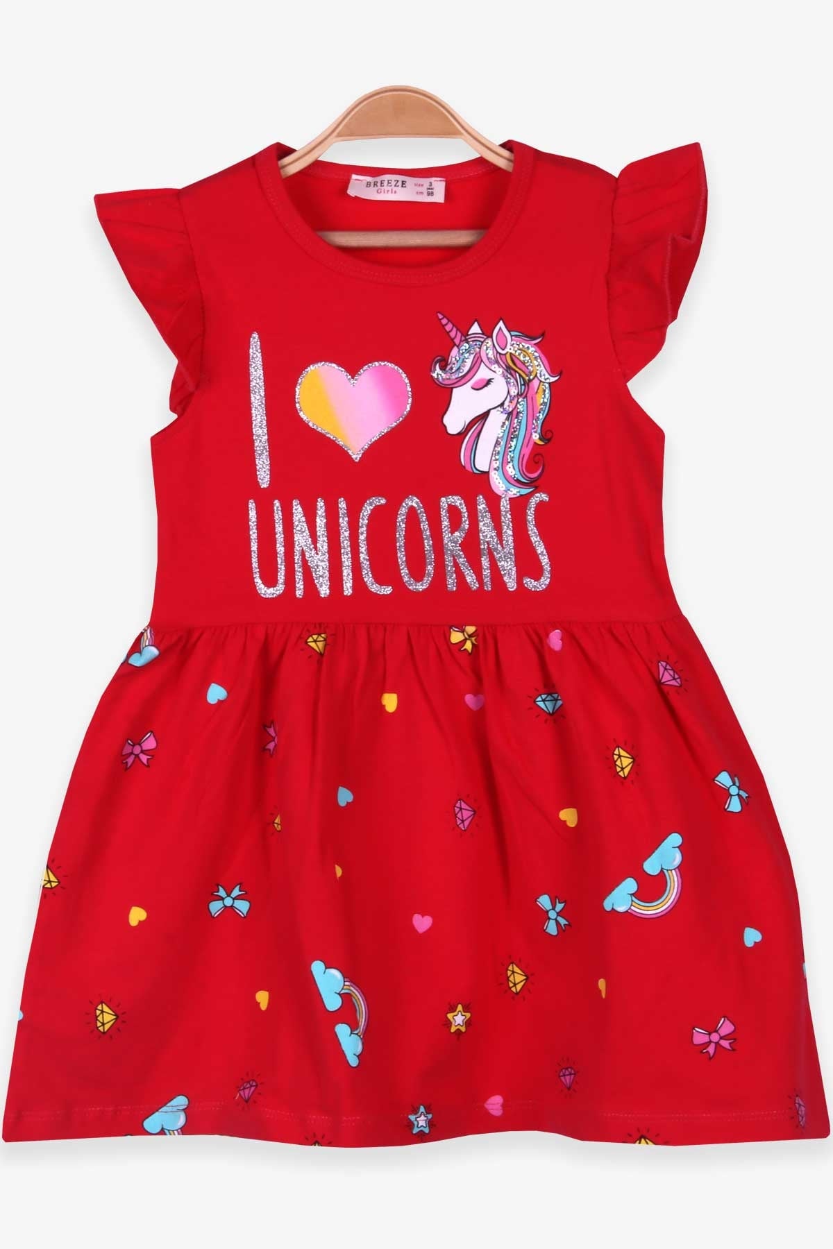 Breeze Kız Çocuk Elbise Unicorn Kırmızı (3-8 Yaş)