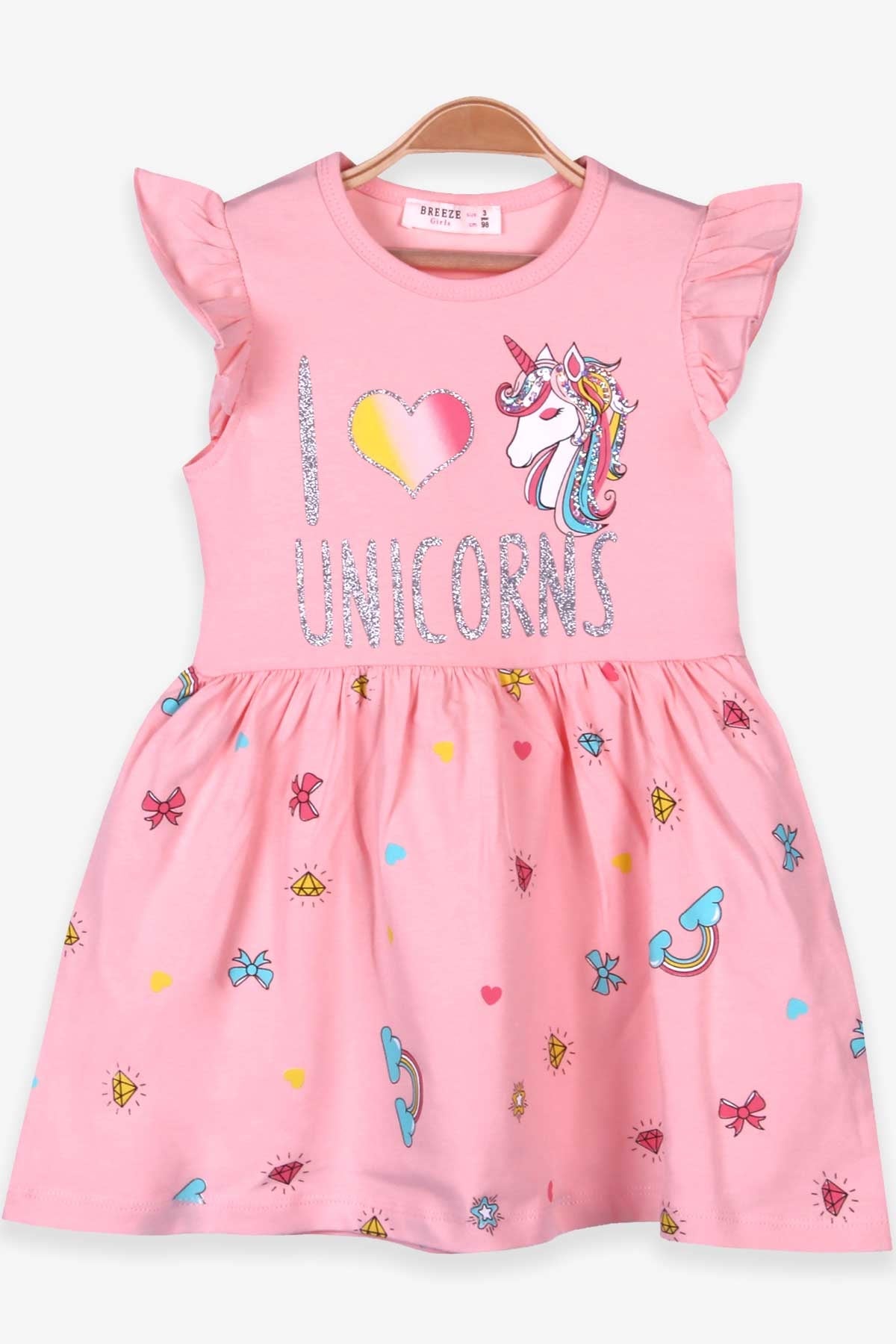 Breeze Kız Çocuk Elbise Unicorn Somon (3-8 Yaş)