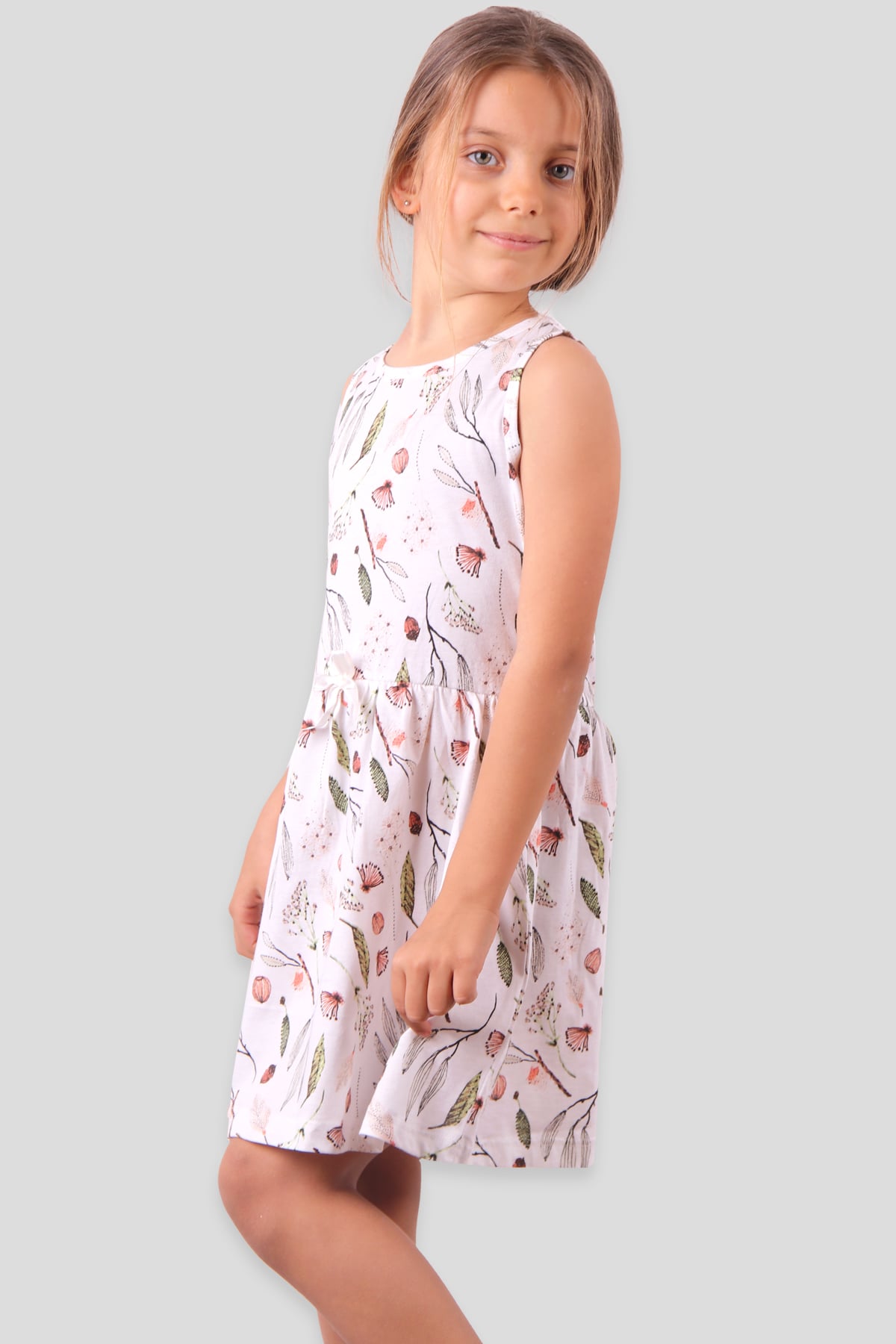 Breeze Kız Çocuk Elbise Yaprak Baskılı Fiyonklu Yeşil (6-10 Yaş)
