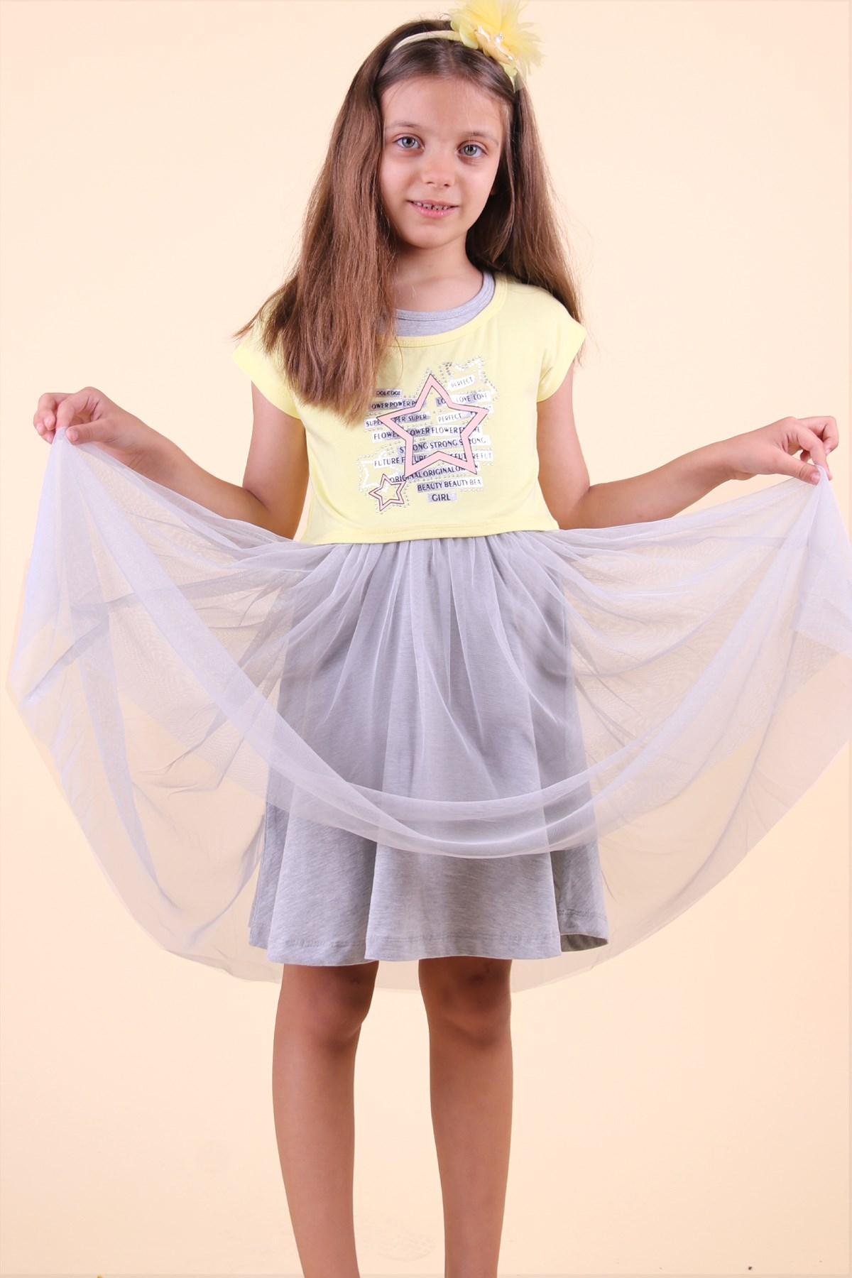 Breeze Kız Çocuk Elbise Yıldız Baskı Bolerolu Sarı (6-12 Yaş)