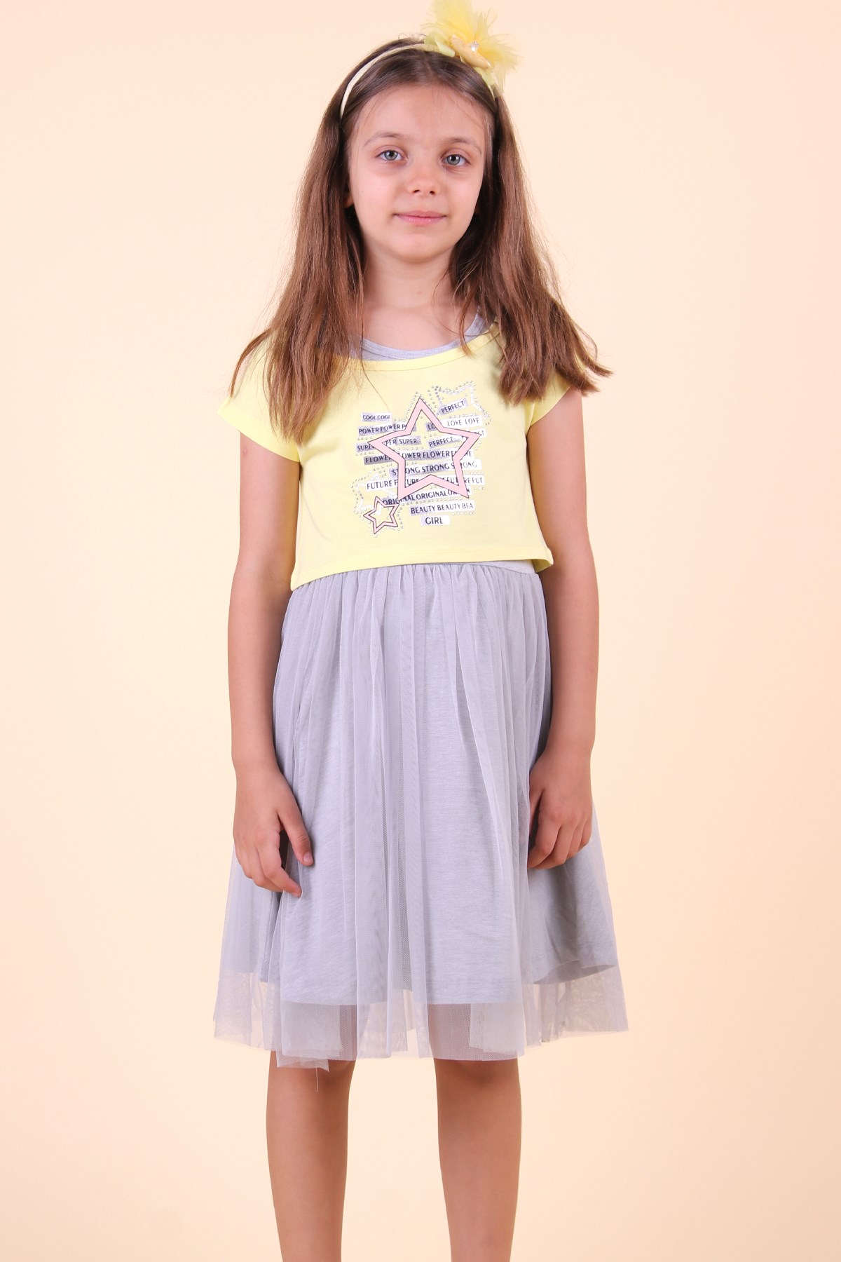 Breeze Kız Çocuk Elbise Yıldız Baskı Bolerolu Sarı (6-12 Yaş)