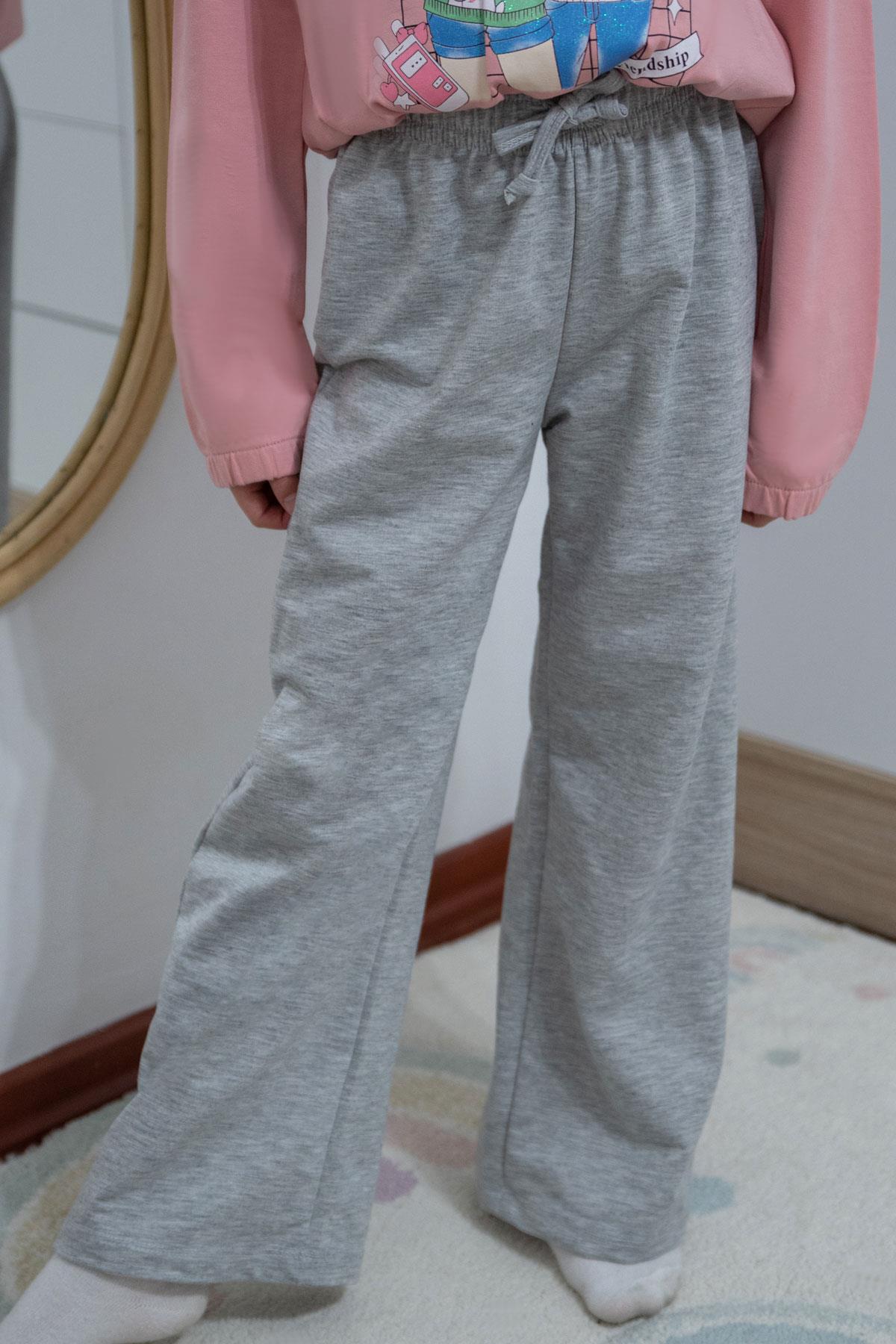 Breeze Kız Çocuk Eşofman Altı Bağcık Aksesuarlı Beli Lastikli Açık Gri Melanj (5-9 Yaş)