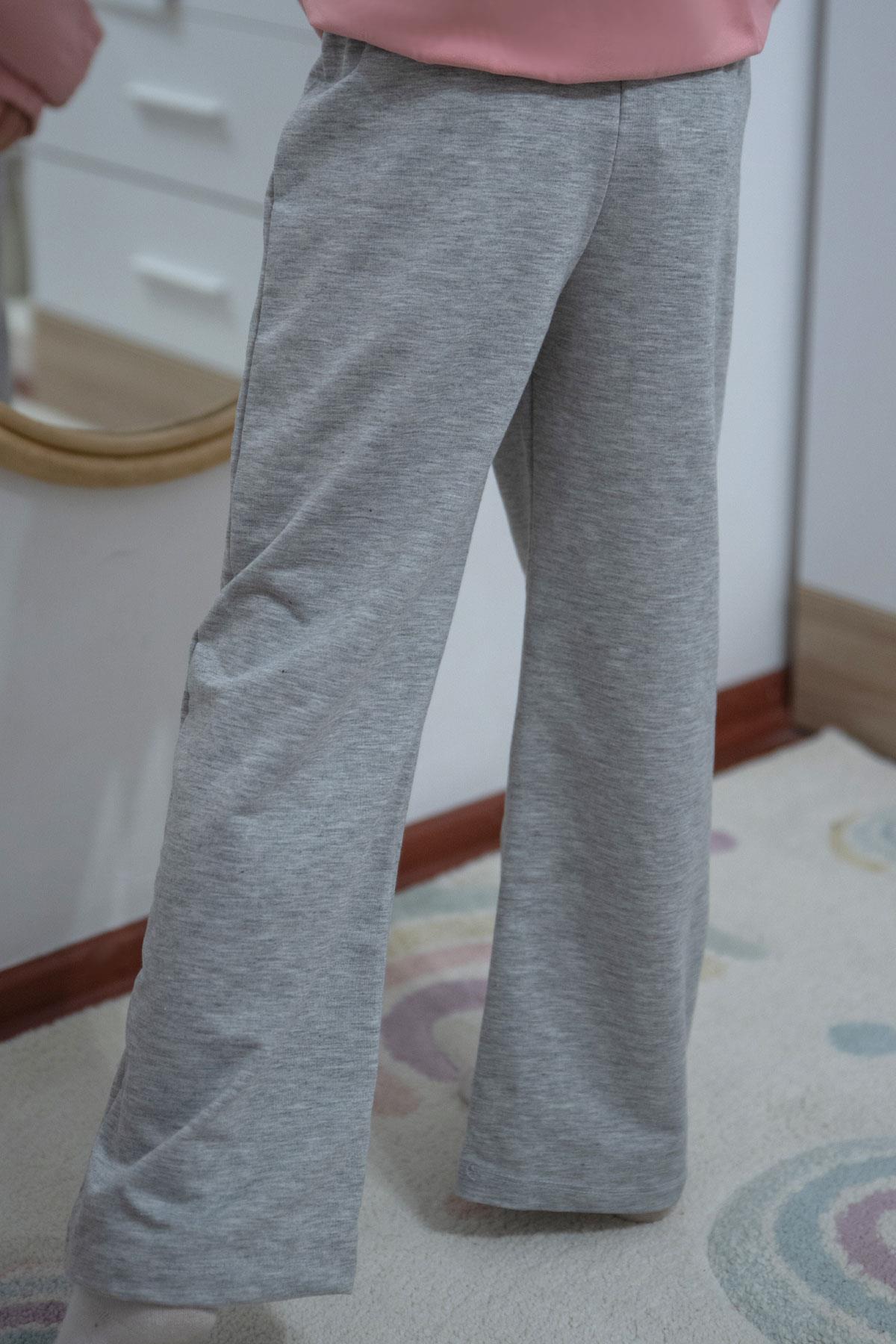 Breeze Kız Çocuk Eşofman Altı Bağcık Aksesuarlı Beli Lastikli Açık Gri Melanj (5-9 Yaş)