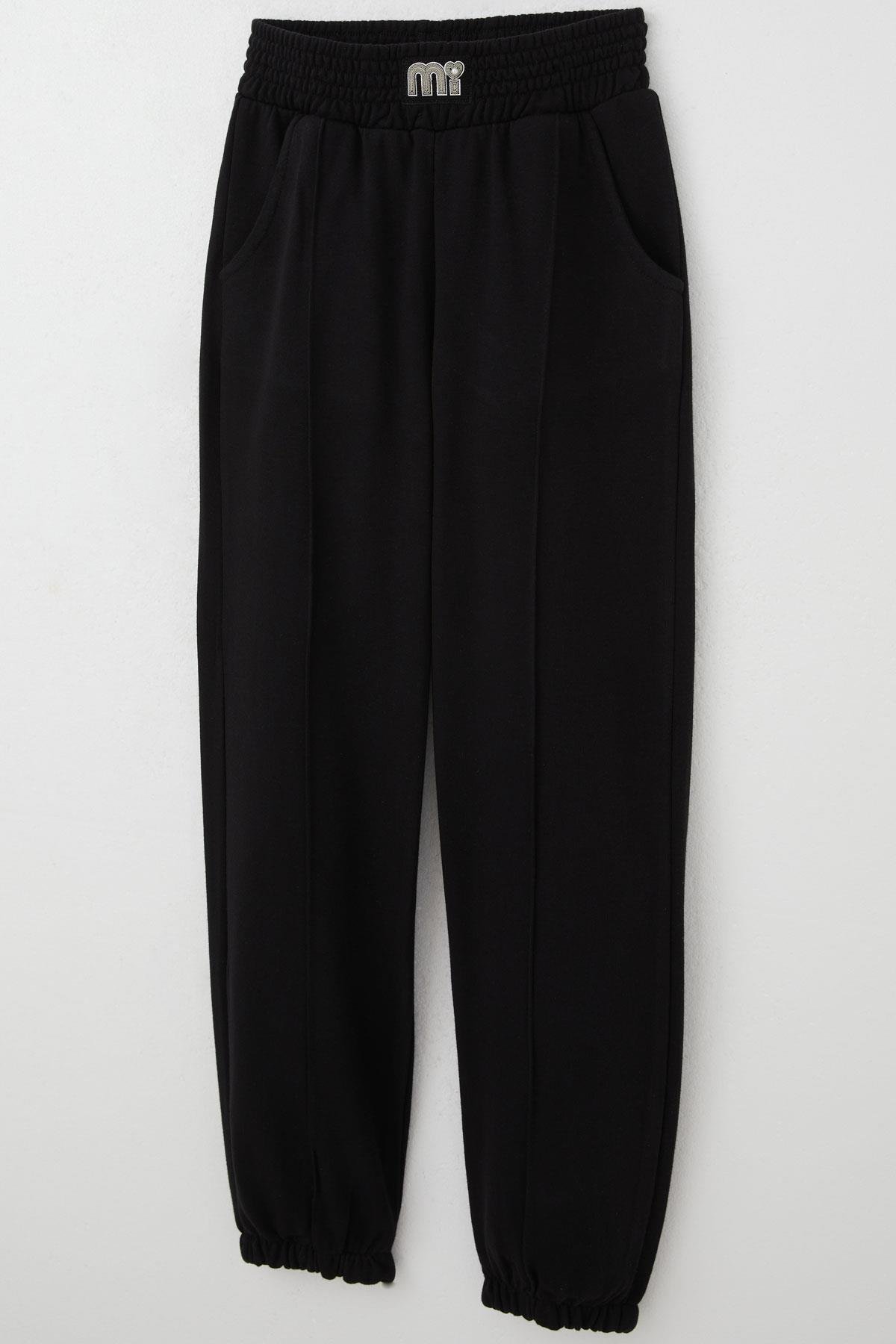 Breeze Kız Çocuk Eşofman Altı Bel Kısmı Arma Detaylı İncili Siyah (9-14 Yaş)