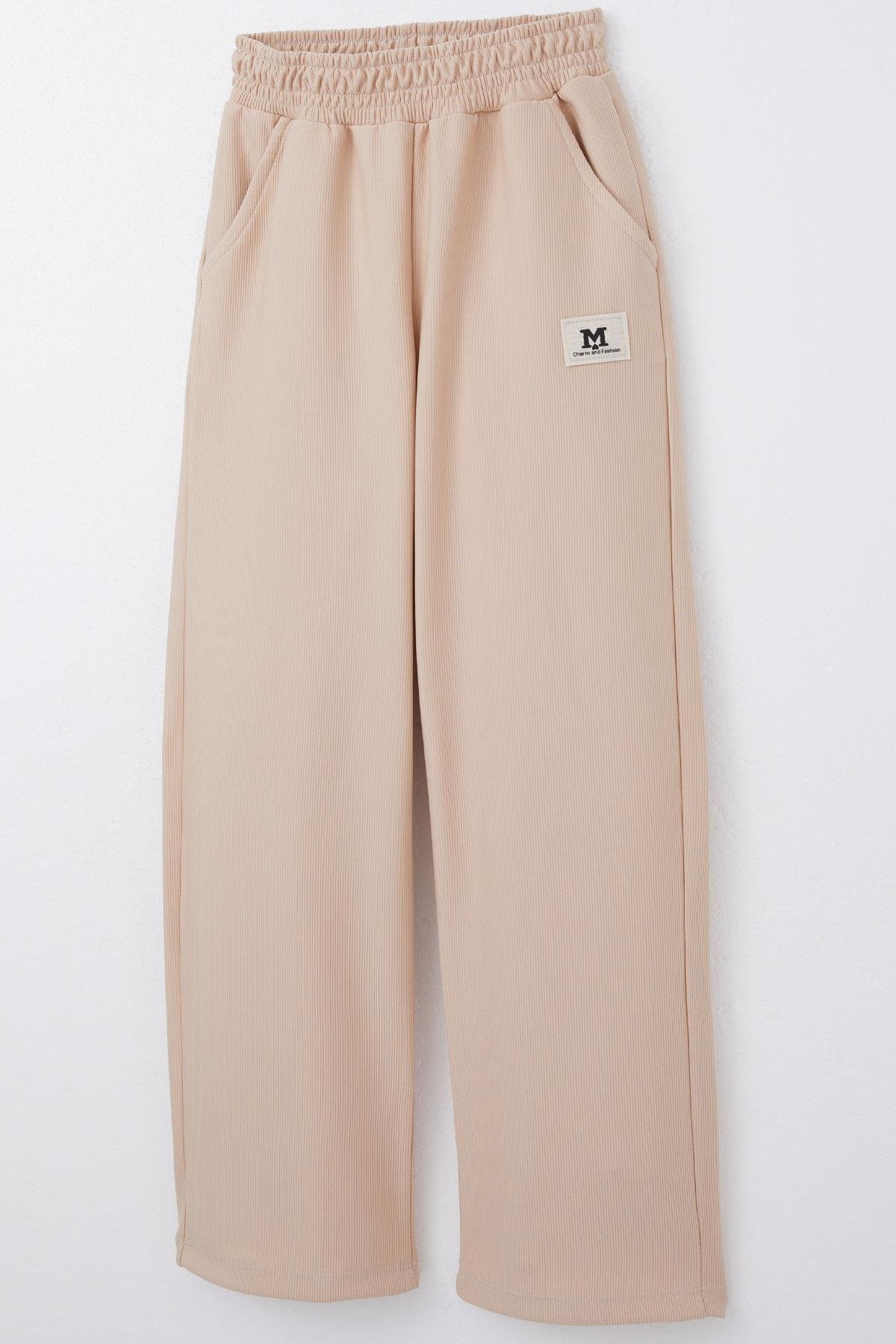 Breeze Kız Çocuk Eşofman Altı Beli Lastikli Cepli Armalı Bej (6-12 Yaş)