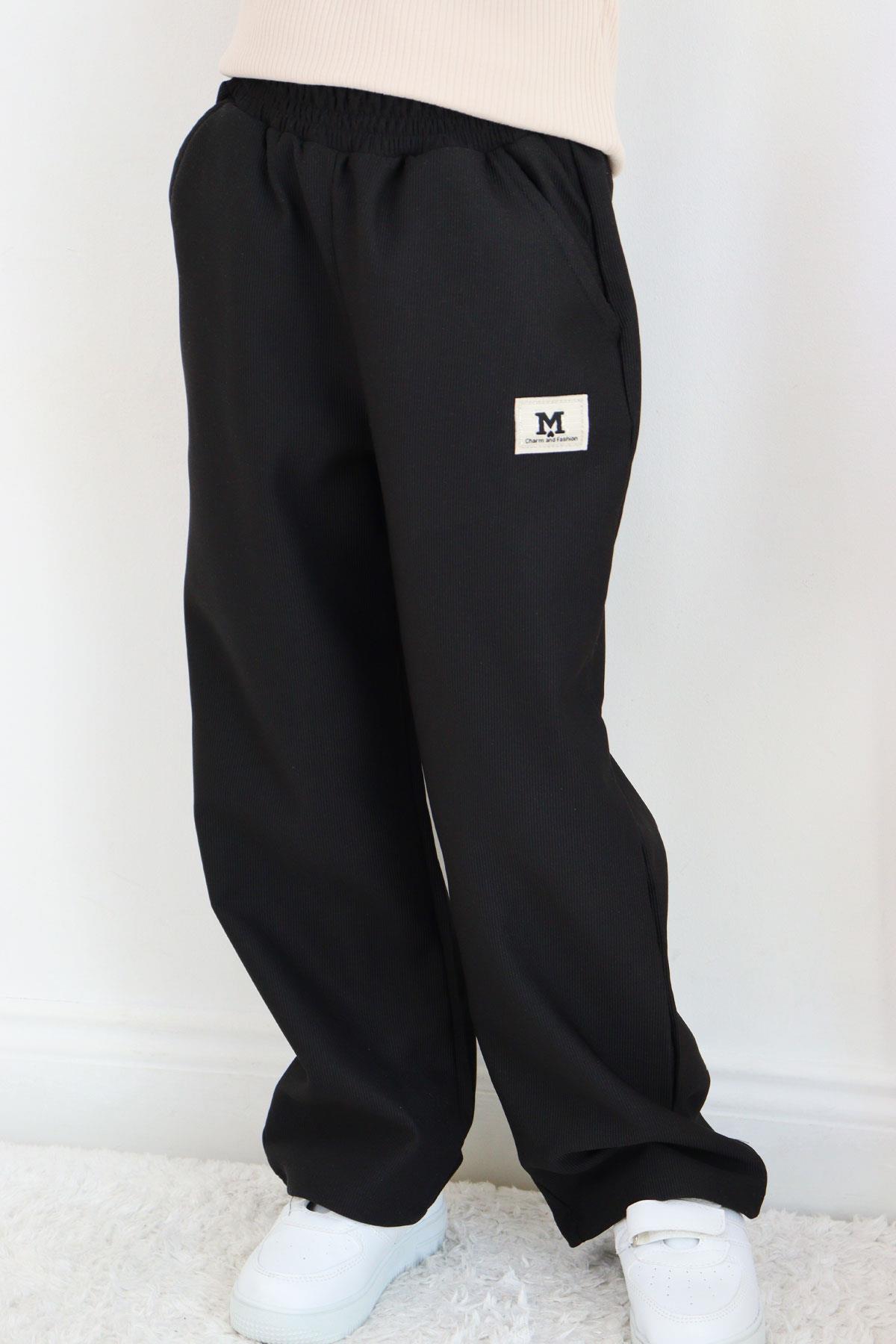 Breeze Kız Çocuk Eşofman Altı Beli Lastikli Cepli Armalı Siyah (6-11 Yaş)