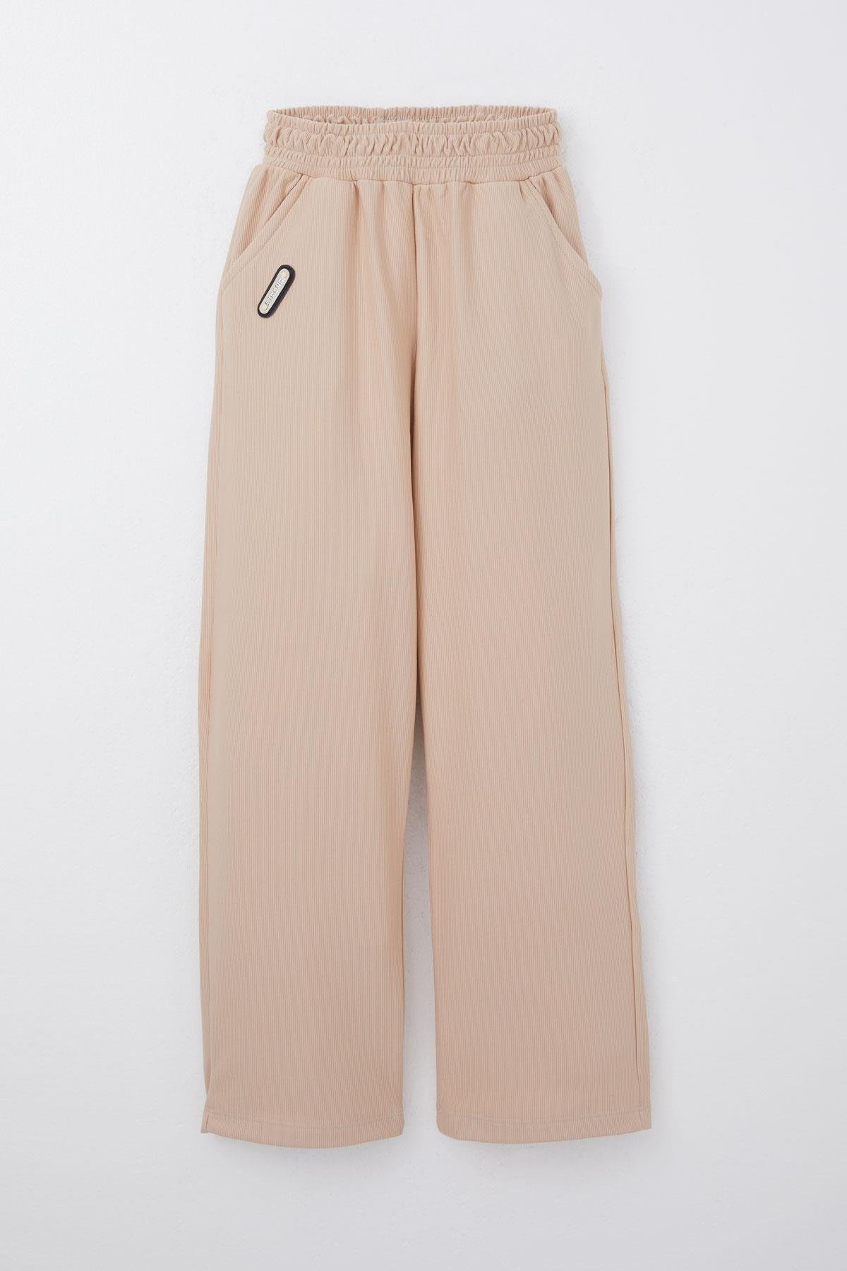 Breeze Kız Çocuk Eşofman Altı Beli Lastikli Cepli Armalı Bej (6-12 Yaş)