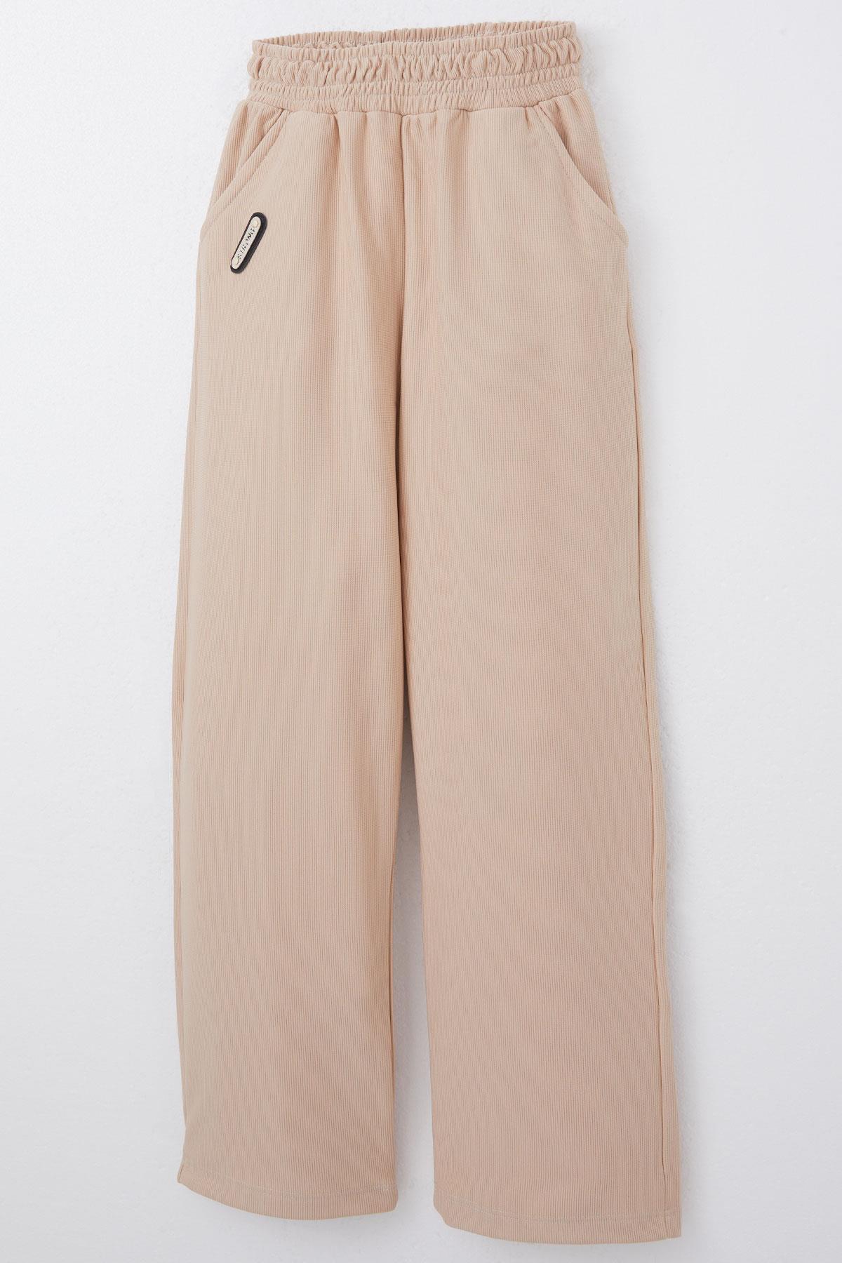 Breeze Kız Çocuk Eşofman Altı Beli Lastikli Cepli Armalı Bej (6-12 Yaş)