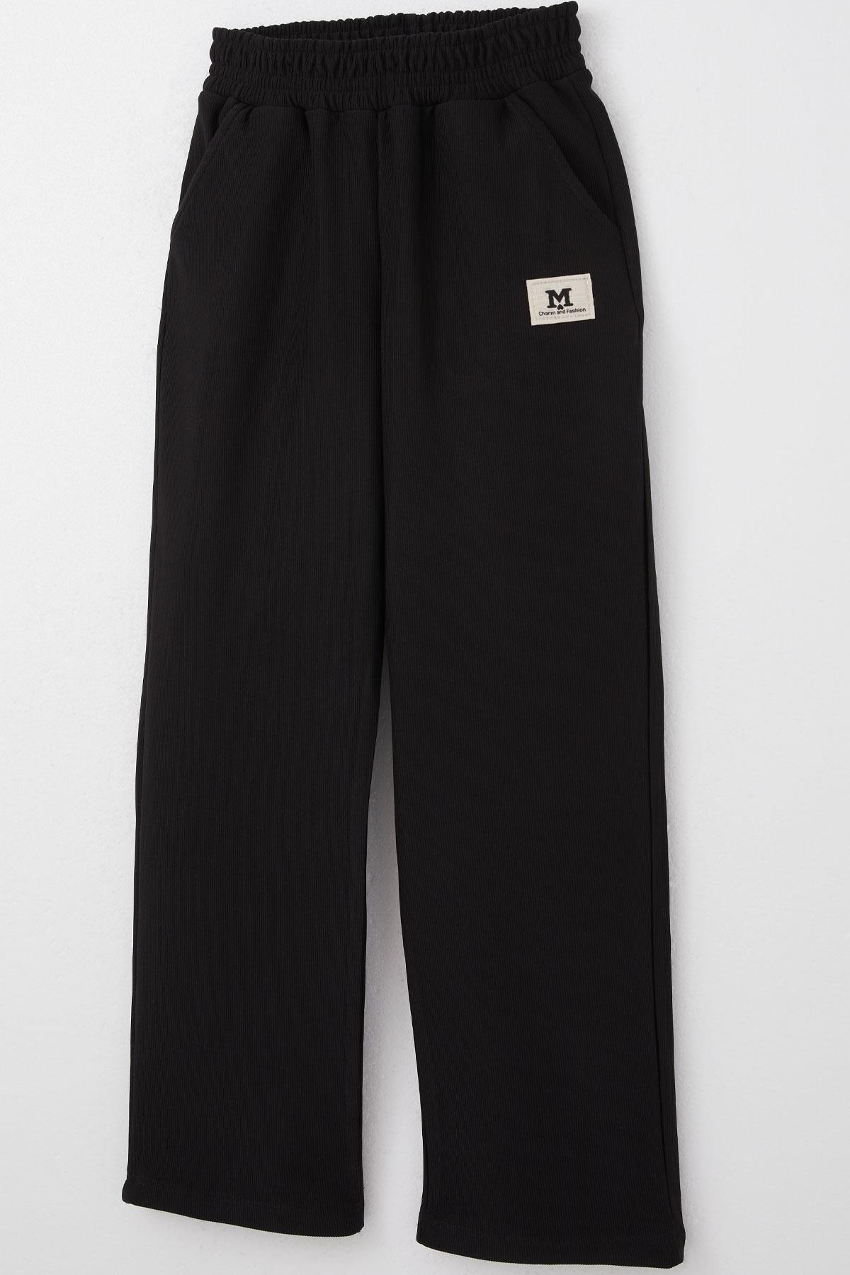 Breeze Kız Çocuk Eşofman Altı Beli Lastikli Cepli Armalı Siyah (6-11 Yaş)