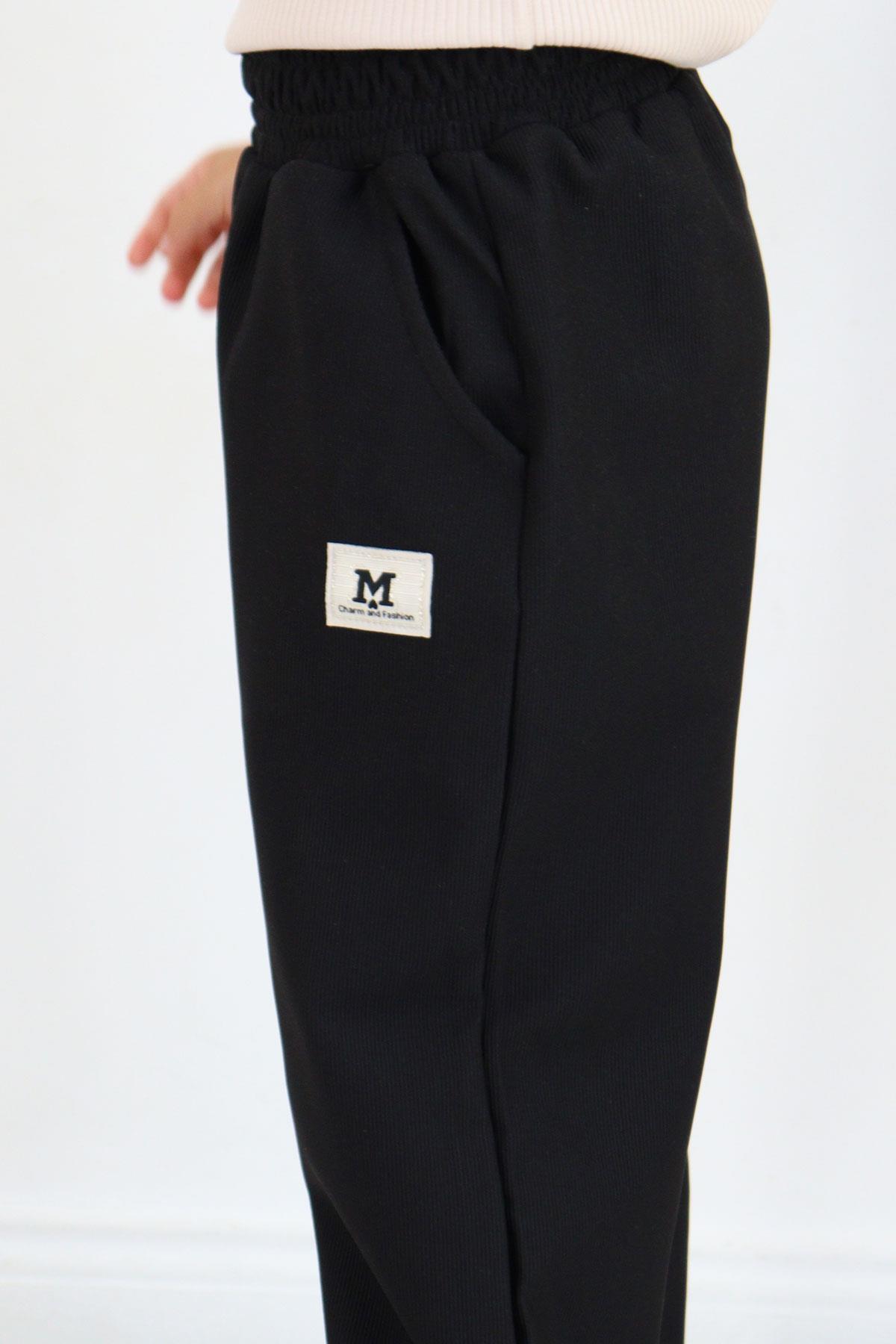 Breeze Kız Çocuk Eşofman Altı Beli Lastikli Cepli Armalı Siyah (6-11 Yaş)