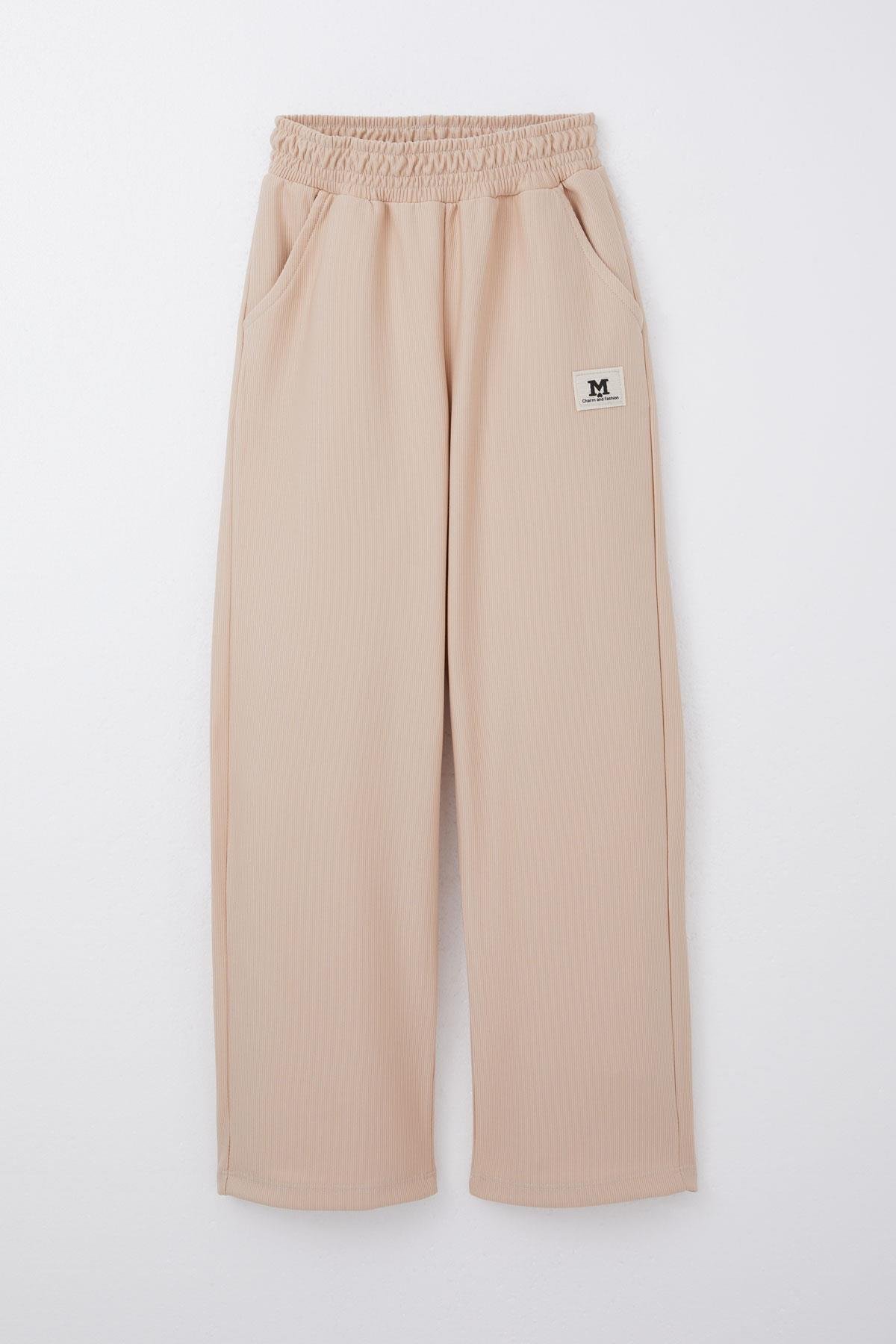 Breeze Kız Çocuk Eşofman Altı Beli Lastikli Cepli Armalı Bej (6-12 Yaş)