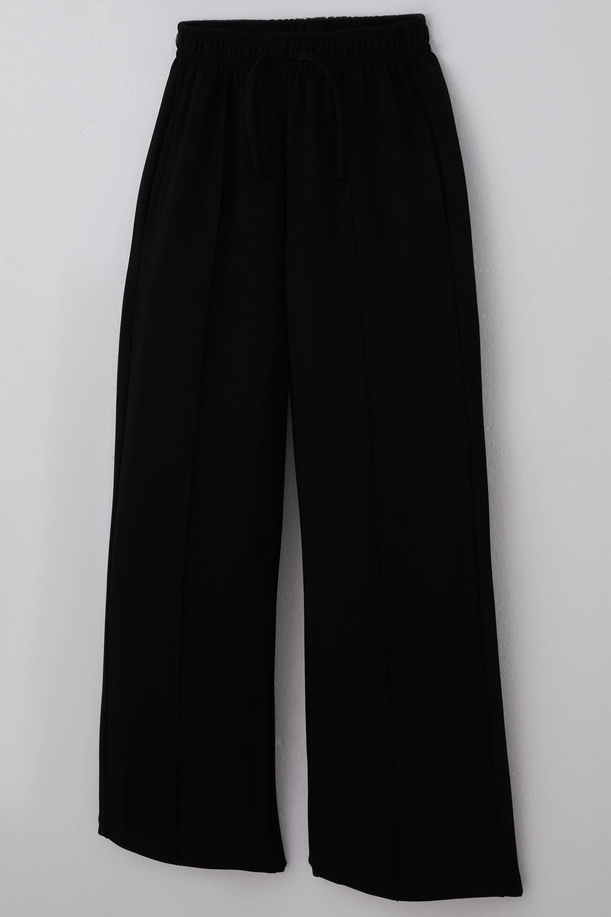 Breeze Kız Çocuk Eşofman Altı Çima Dikiş Detaylı Bağcık Aksesuarlı Cepli Siyah (9-10 Yaş)