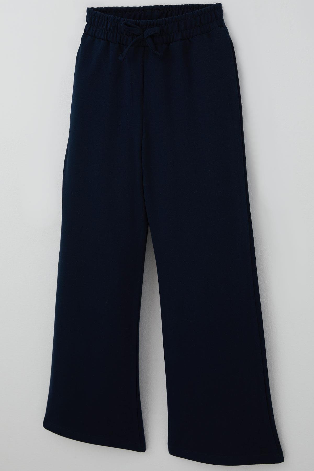 Breeze Kız Çocuk Eşofman Altı Fiyonk Aksesuarlı Beli Lastikli Geniş Paça Lacivert (4-8 Yaş)