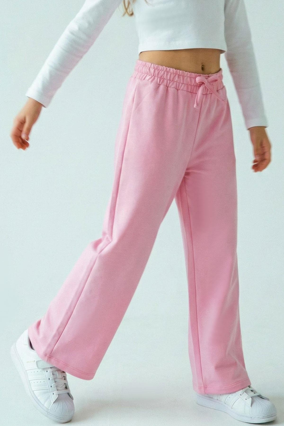 Breeze Kız Çocuk Eşofman Altı Fiyonk Aksesuarlı Beli Lastikli Geniş Paça Pembe (4-8 Yaş)