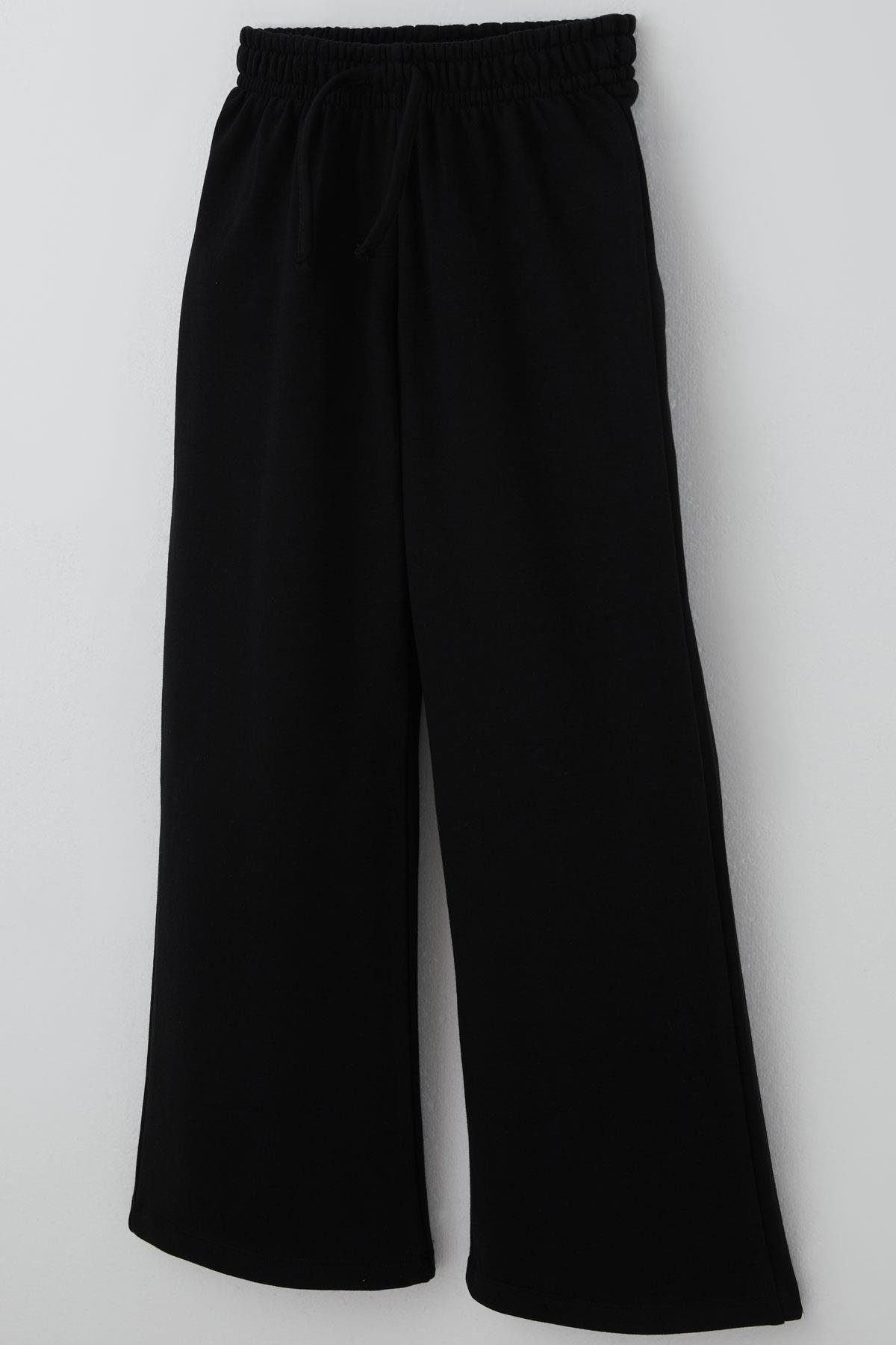 Breeze Kız Çocuk Eşofman Altı Geniş Paçalı Bağcık Aksesuarlı Siyah (4-8 Yaş)