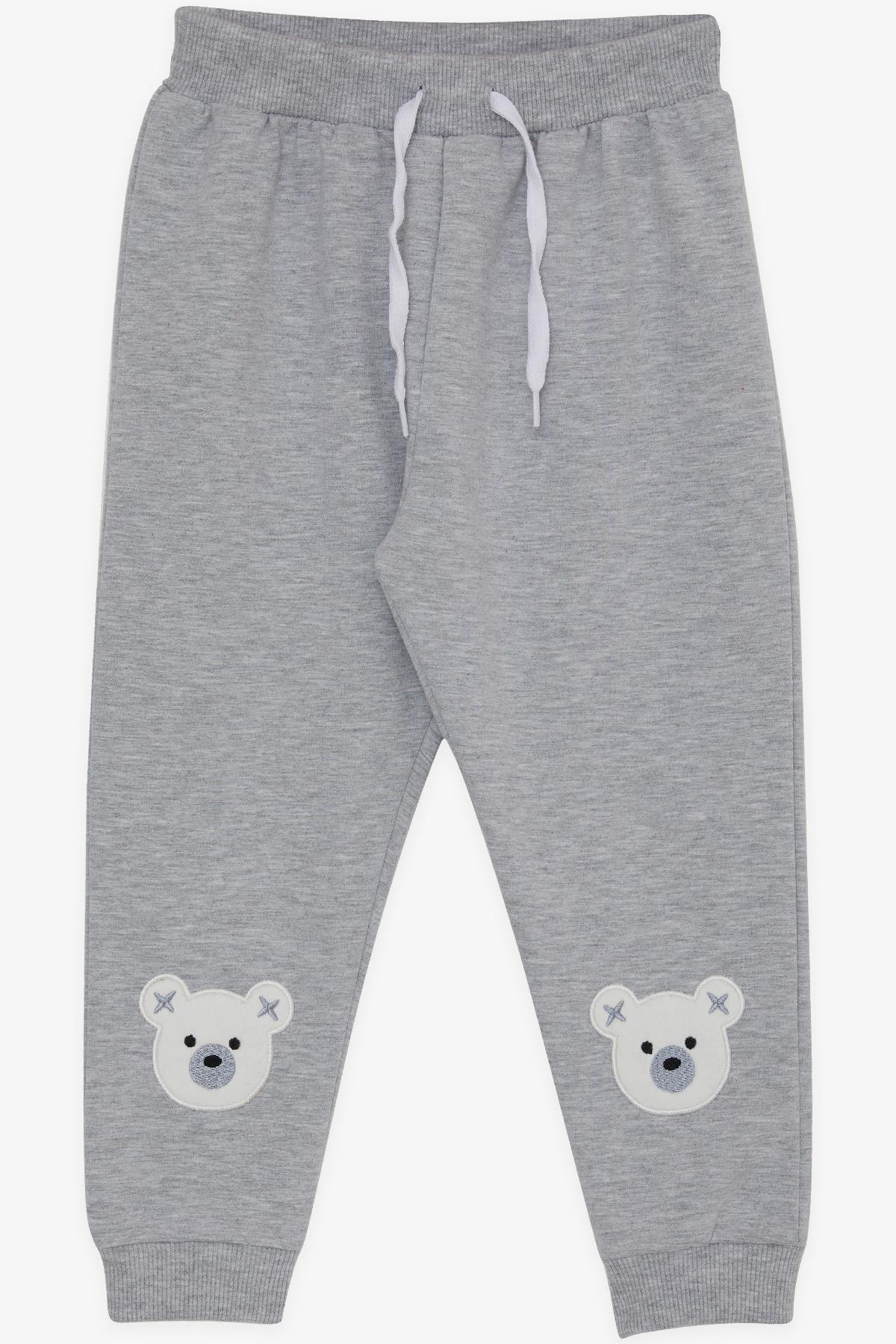 Breeze Kız Çocuk Eşofman Altı Sevimli Ayıcık Nakışlı Açık Gri Melanj (1-4 Yaş)