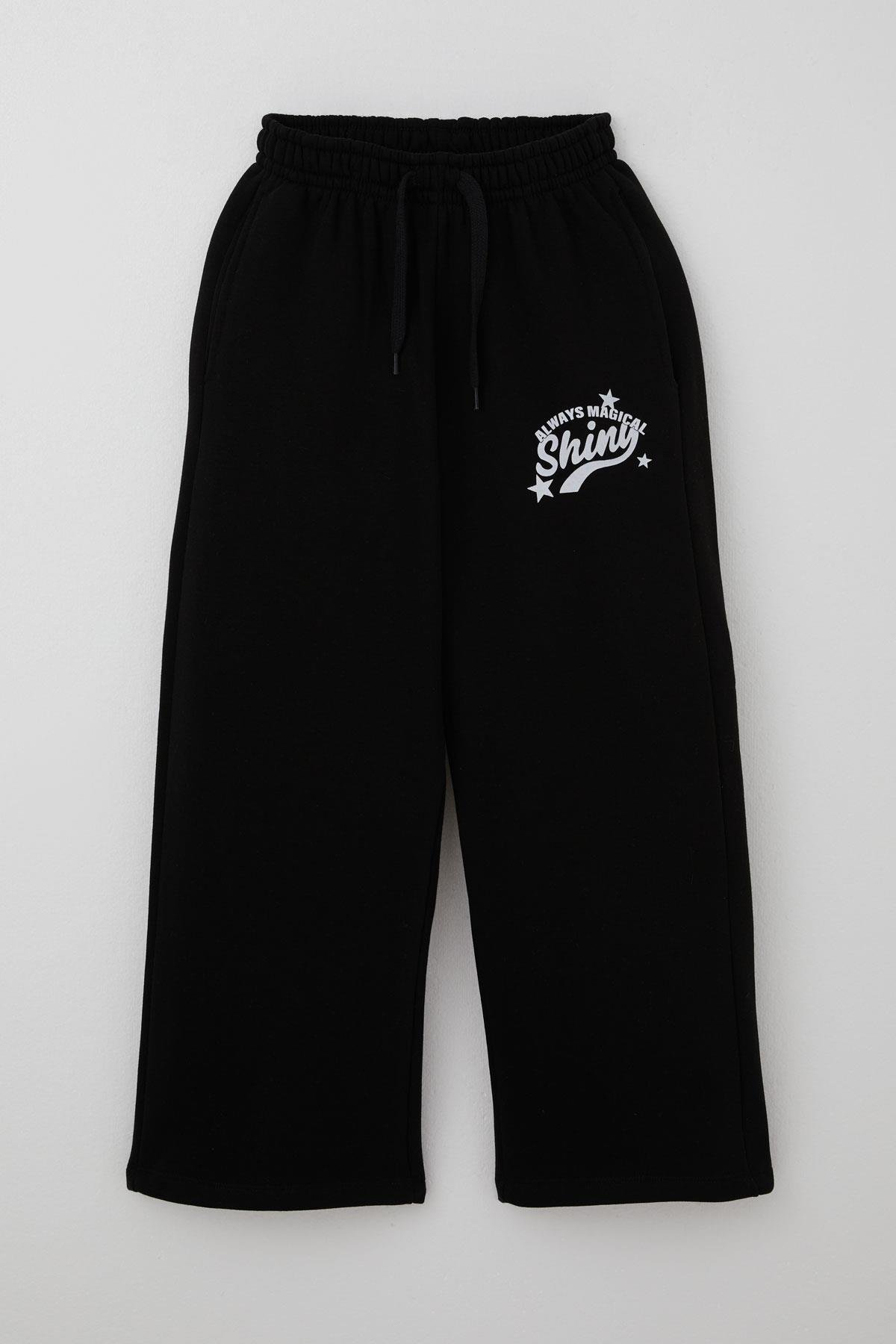 Breeze Kız Çocuk Eşofman Altı Yazı Baskılı Bağcık Aksesuarlı Siyah (8-14 Yaş)