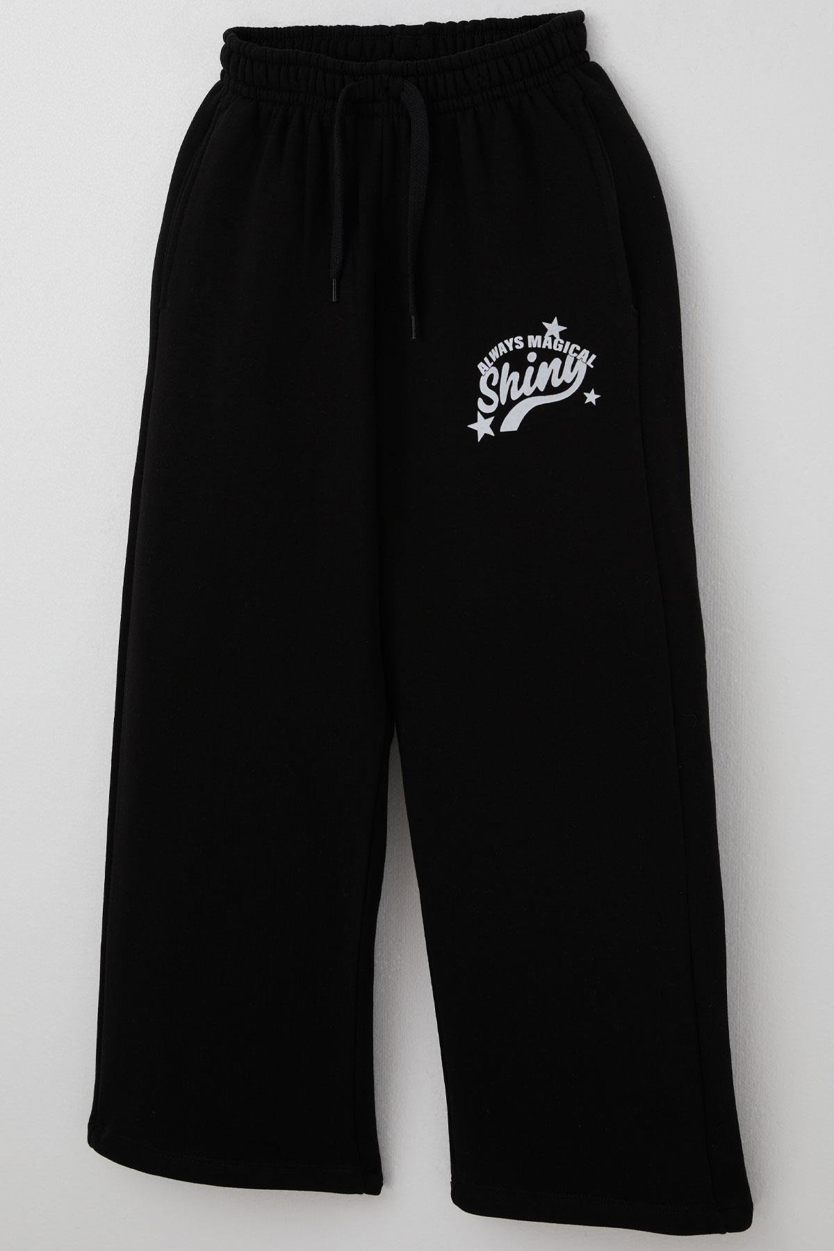 Breeze Kız Çocuk Eşofman Altı Yazı Baskılı Bağcık Aksesuarlı Siyah (8-14 Yaş)