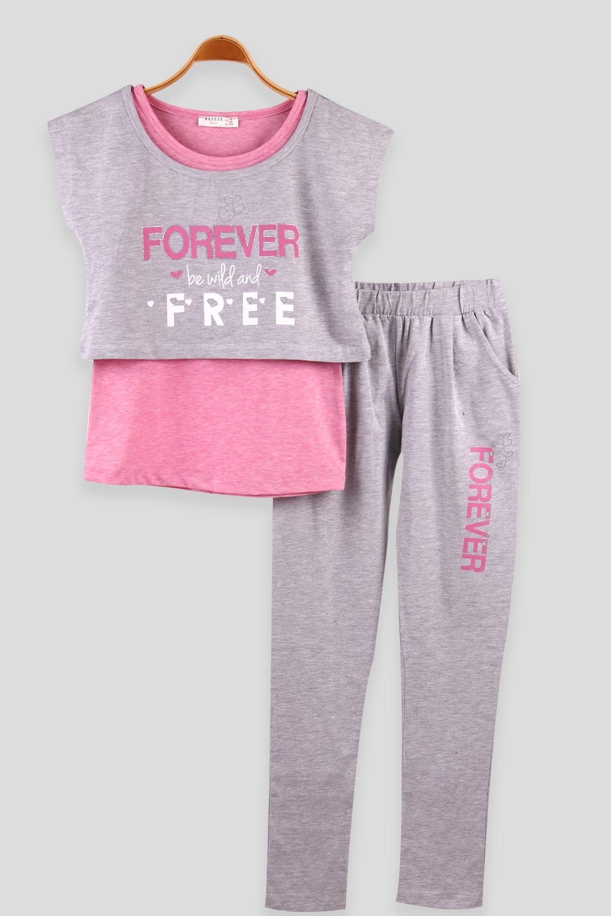 Breeze Kız Çocuk Eşofman Takım Bolerolu Simli Forever Baskılı Pembe (9-14 Yaş)