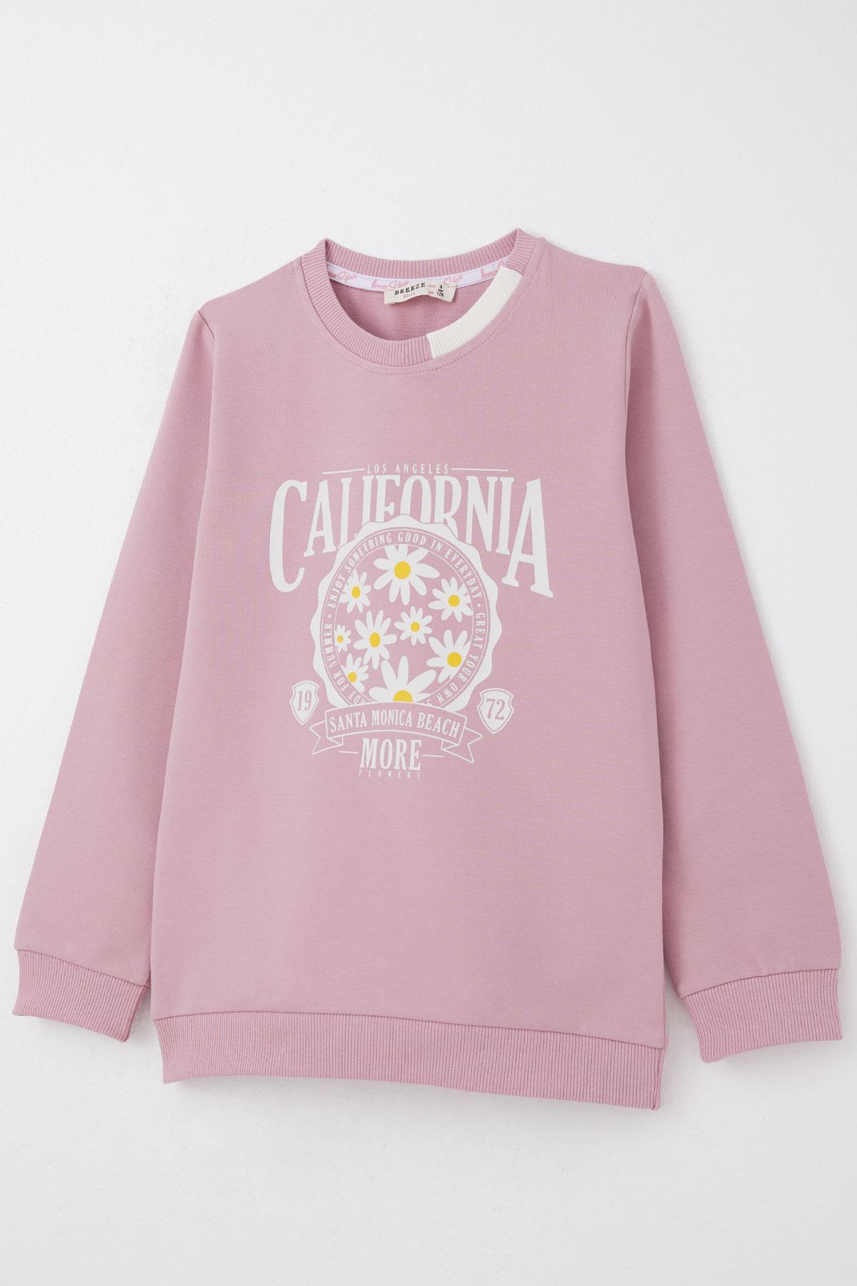 Breeze Kız Çocuk Eşofman Takım Çiçek Baskılı Geniş Paça Yırtmaçlı Gülkurusu (5-10 Yaş)