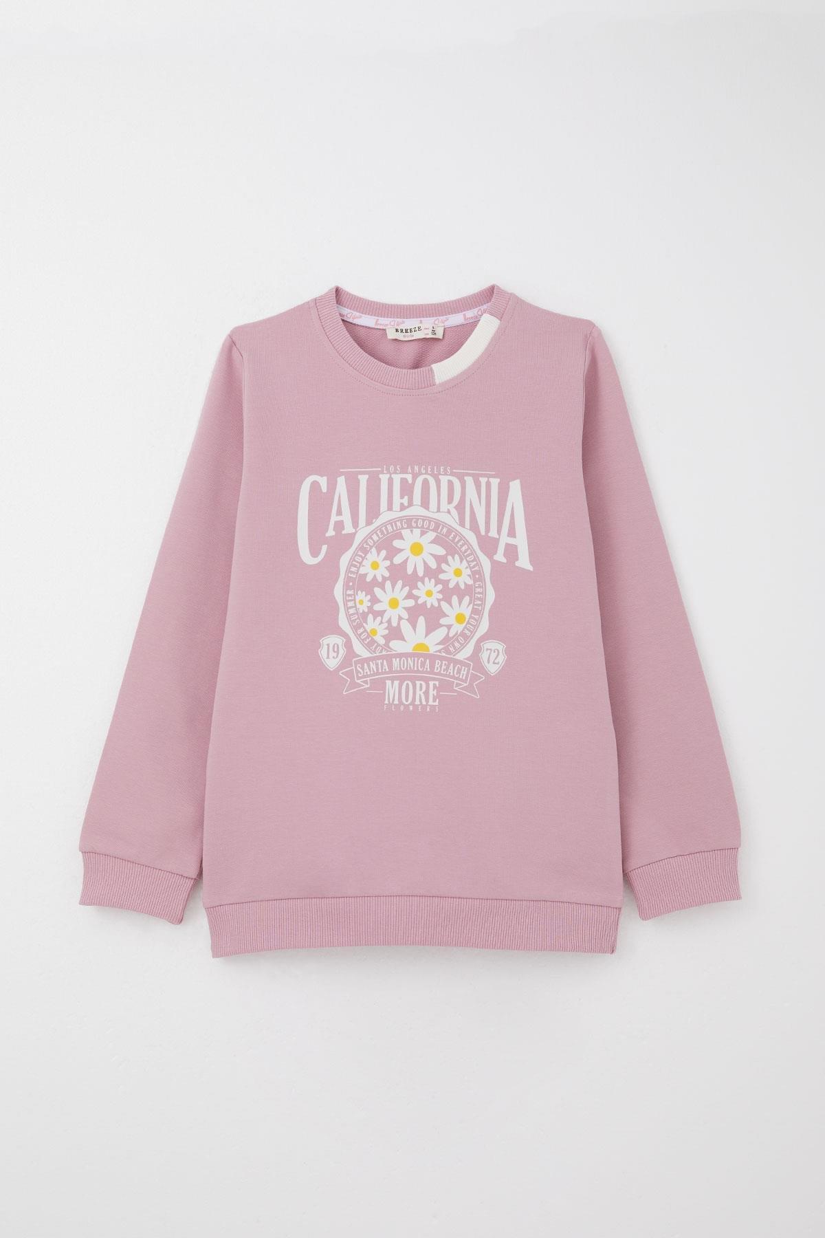 Breeze Kız Çocuk Eşofman Takım Çiçek Baskılı Geniş Paça Yırtmaçlı Gülkurusu (5-10 Yaş)