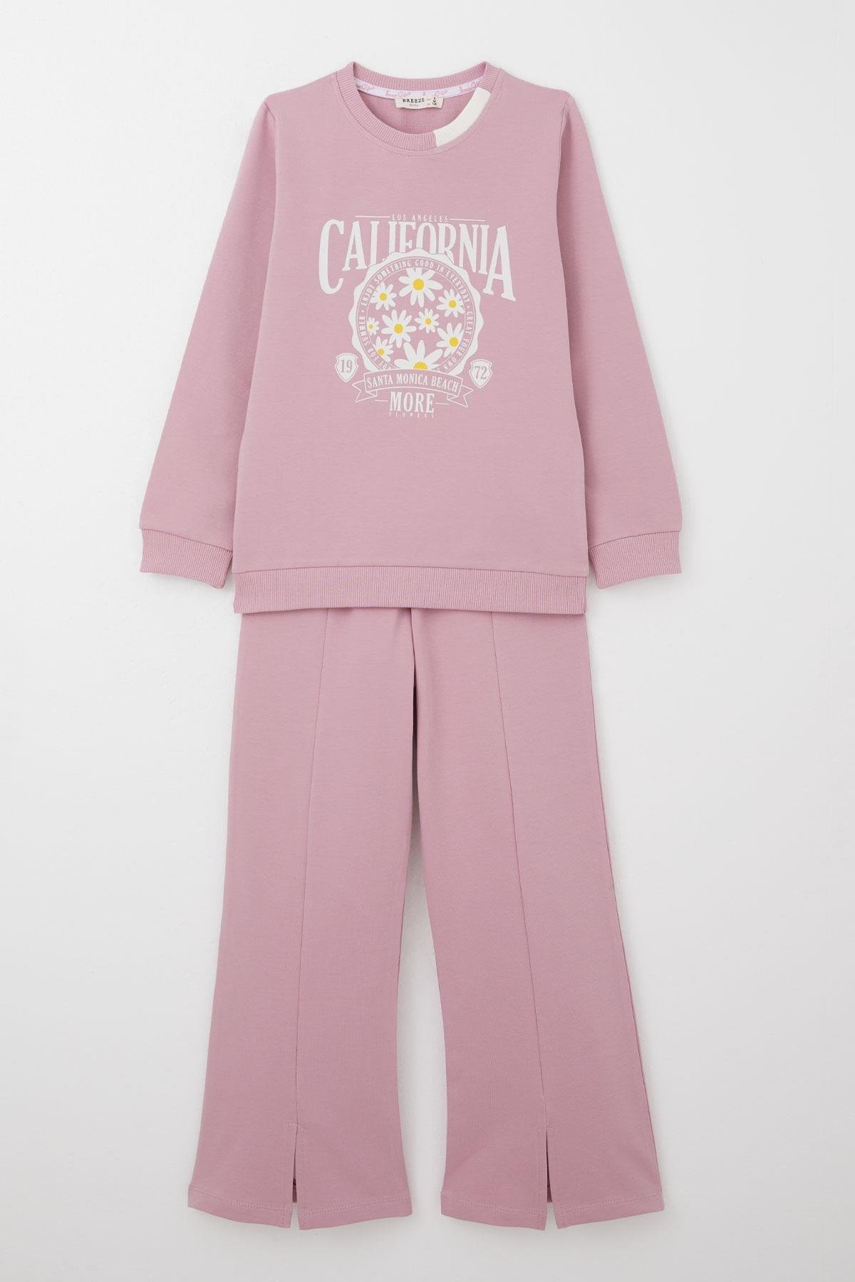 Breeze Kız Çocuk Eşofman Takım Çiçek Baskılı Geniş Paça Yırtmaçlı Gülkurusu (5-10 Yaş)