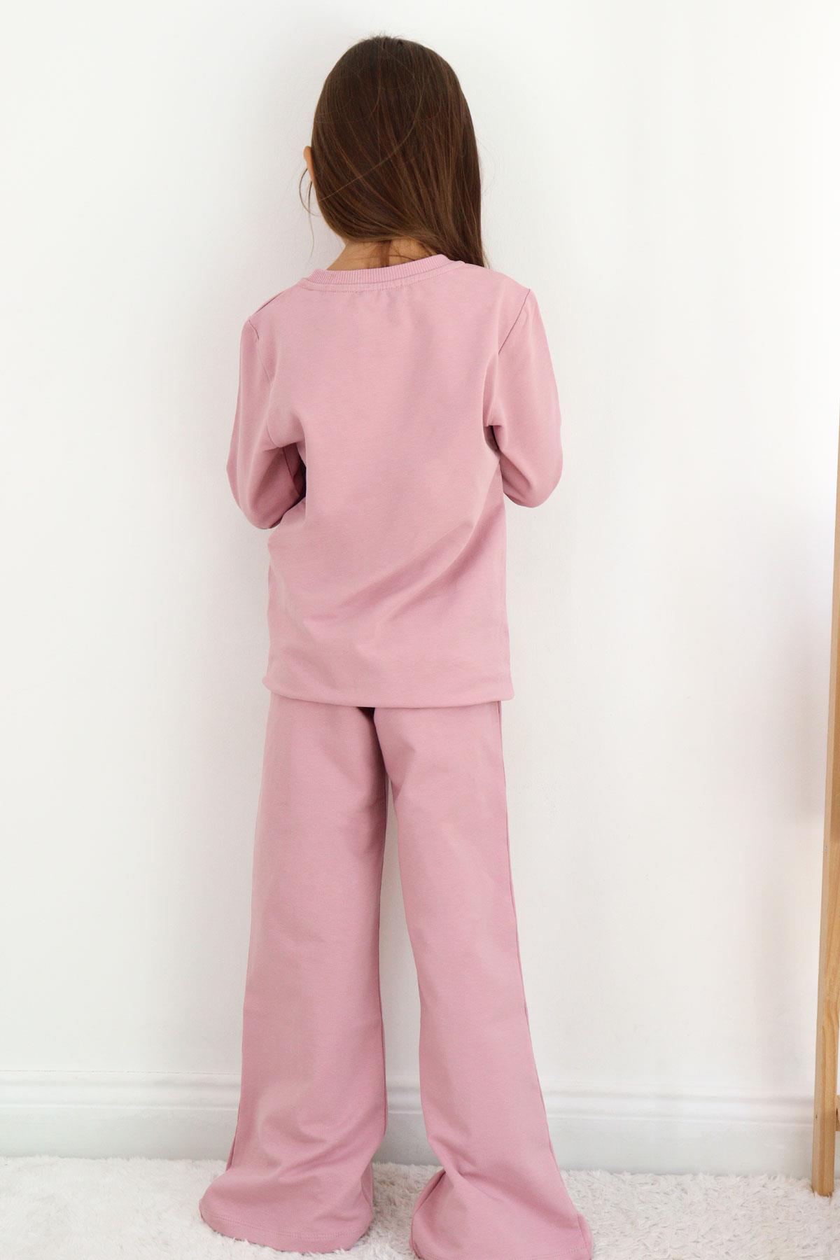 Breeze Kız Çocuk Eşofman Takım Çiçek Baskılı Geniş Paça Yırtmaçlı Gülkurusu (5-10 Yaş)