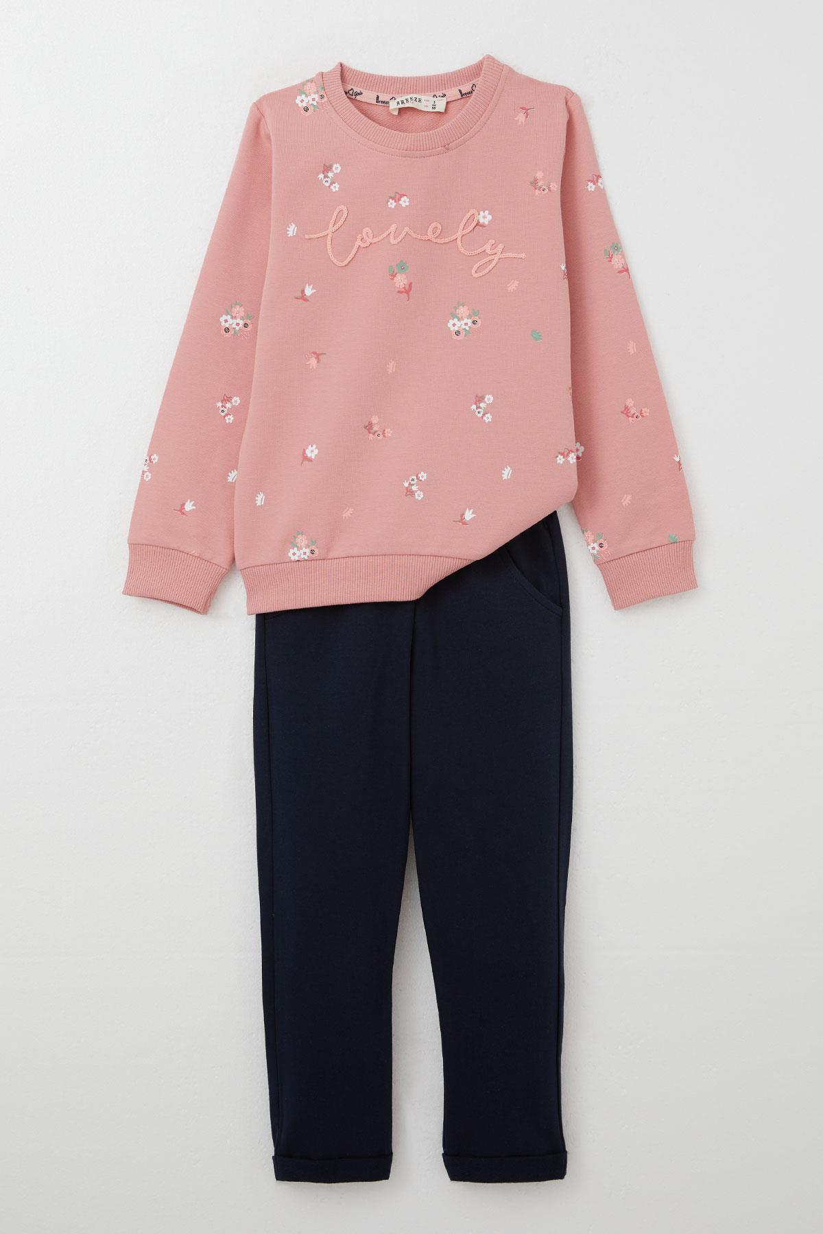 Breeze Kız Çocuk Eşofman Takım Çiçek Desenli Yazı Baskılı Gülkurusu (1-4 Yaş)