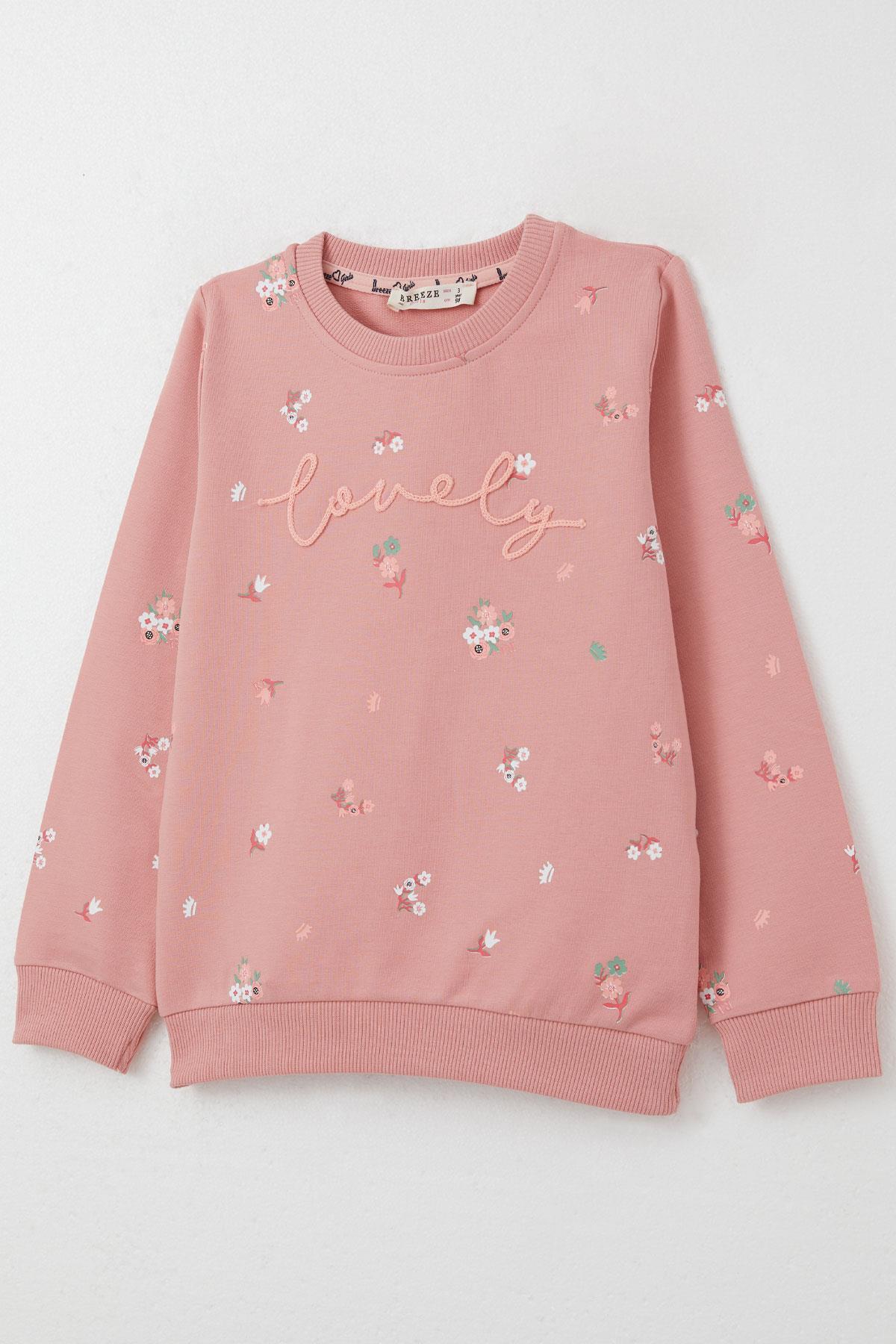 Breeze Kız Çocuk Eşofman Takım Çiçek Desenli Yazı Baskılı Gülkurusu (1-4 Yaş)