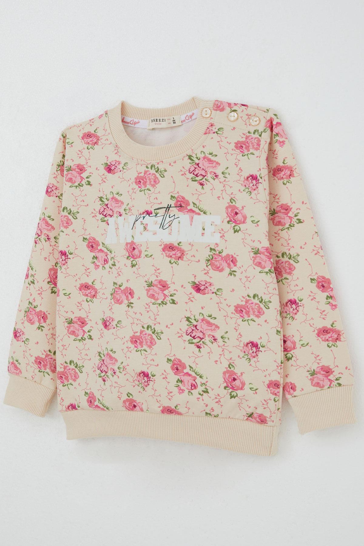 Breeze Kız Çocuk Eşofman Takım Çiçek Desenli Bej (1.5-5 Yaş)
