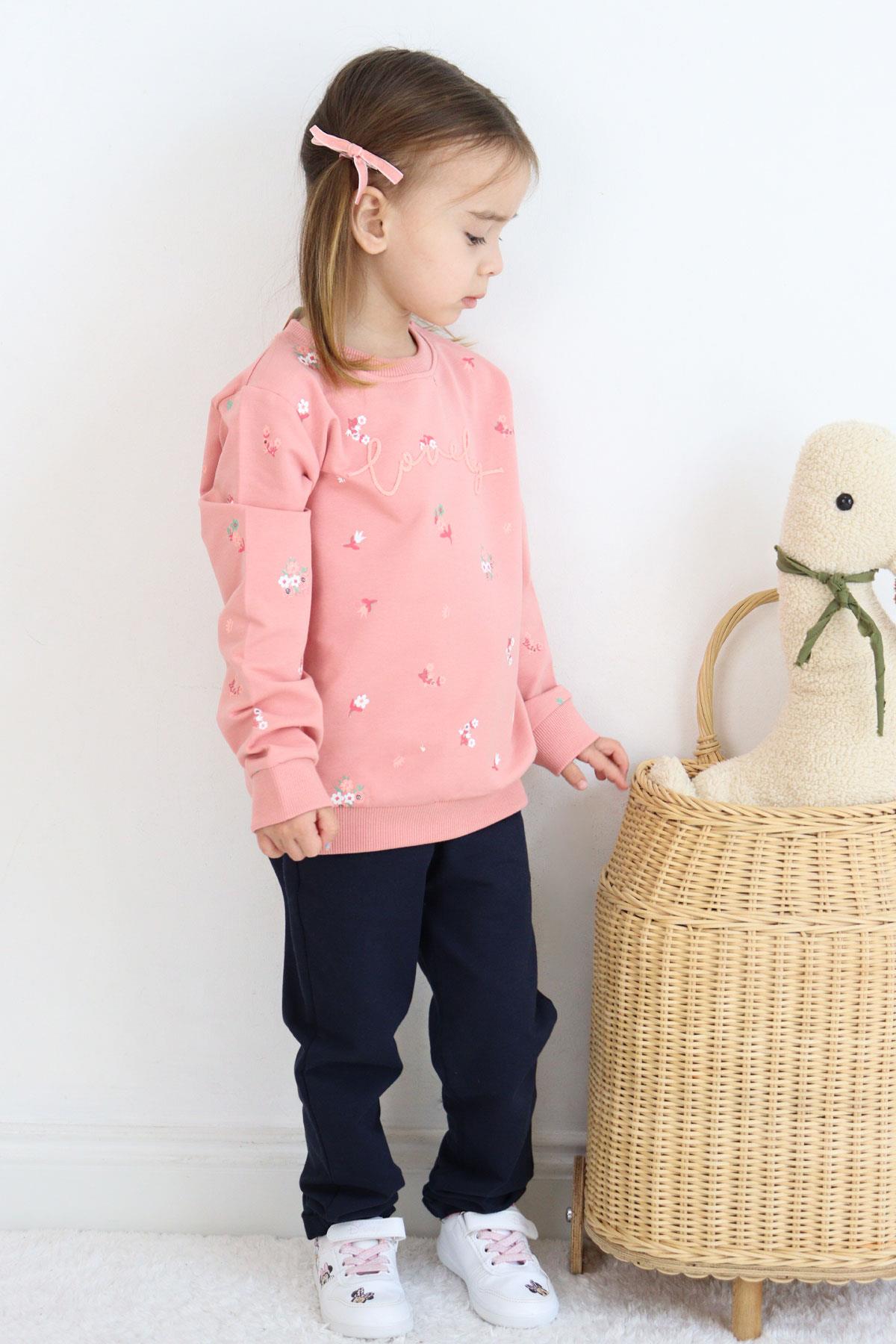 Breeze Kız Çocuk Eşofman Takım Çiçek Desenli Yazı Baskılı Gülkurusu (1-4 Yaş)