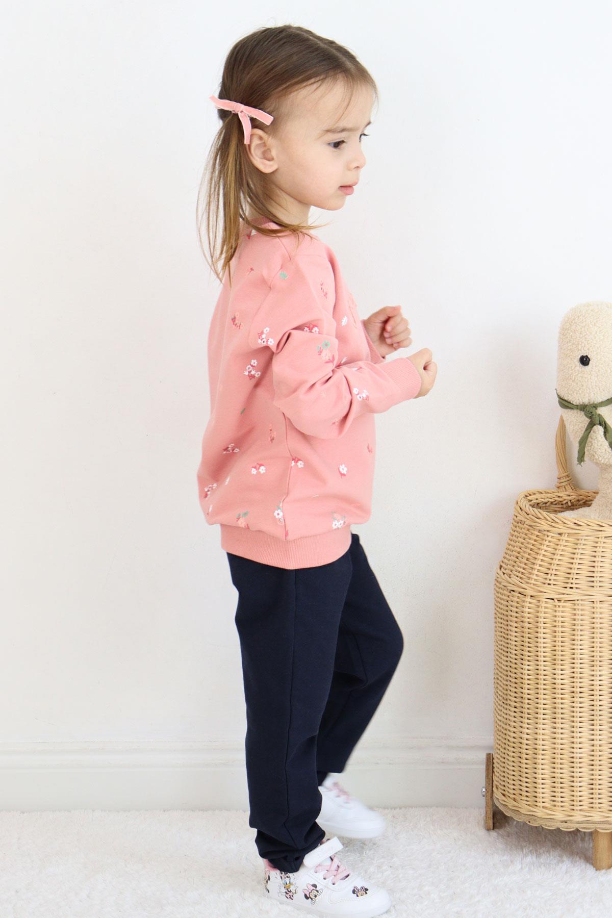 Breeze Kız Çocuk Eşofman Takım Çiçek Desenli Yazı Baskılı Gülkurusu (1-4 Yaş)