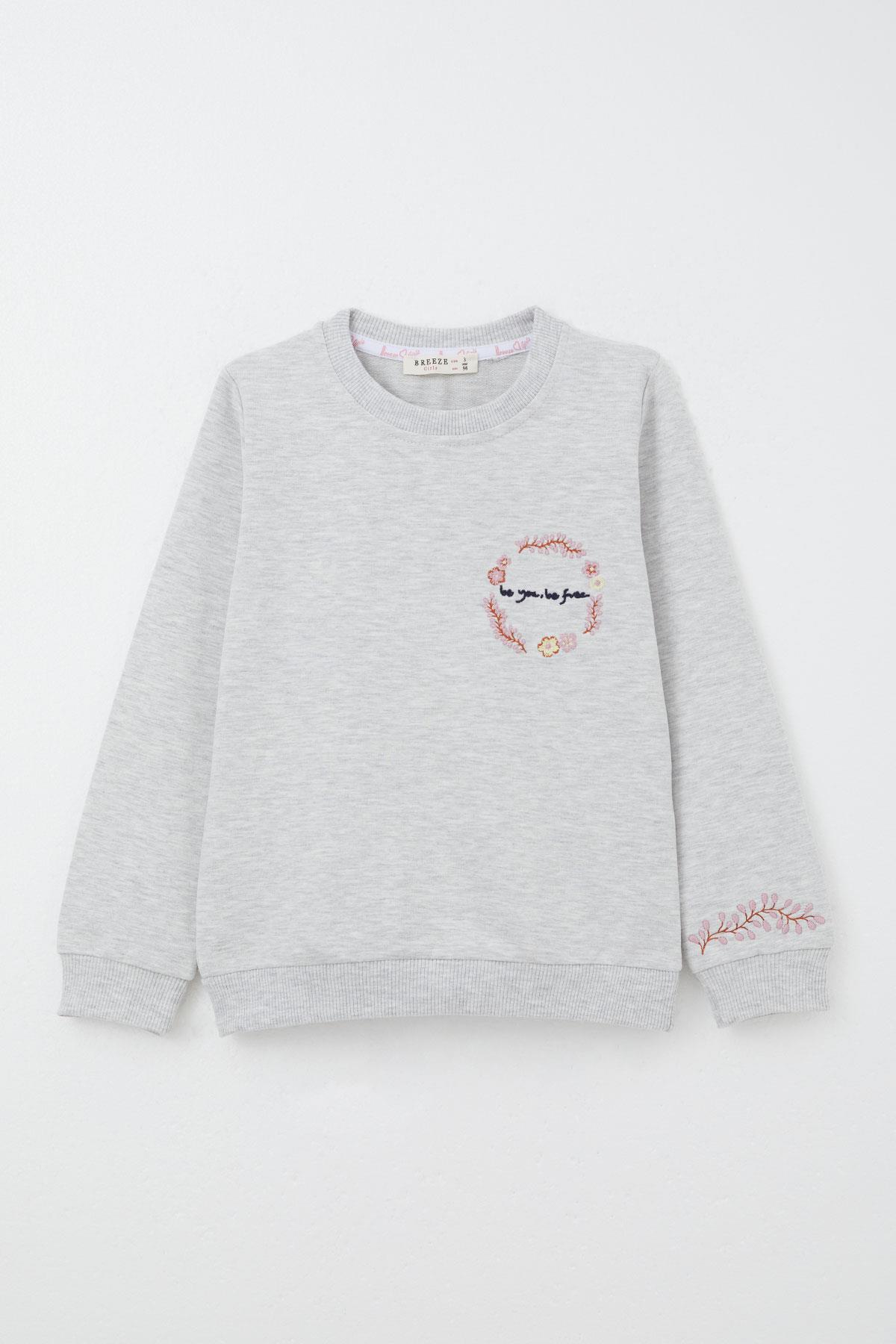 Breeze Kız Çocuk Eşofman Takım Çiçek Nakışlı Açık Gri Melanj (1.5-5 Yaş)