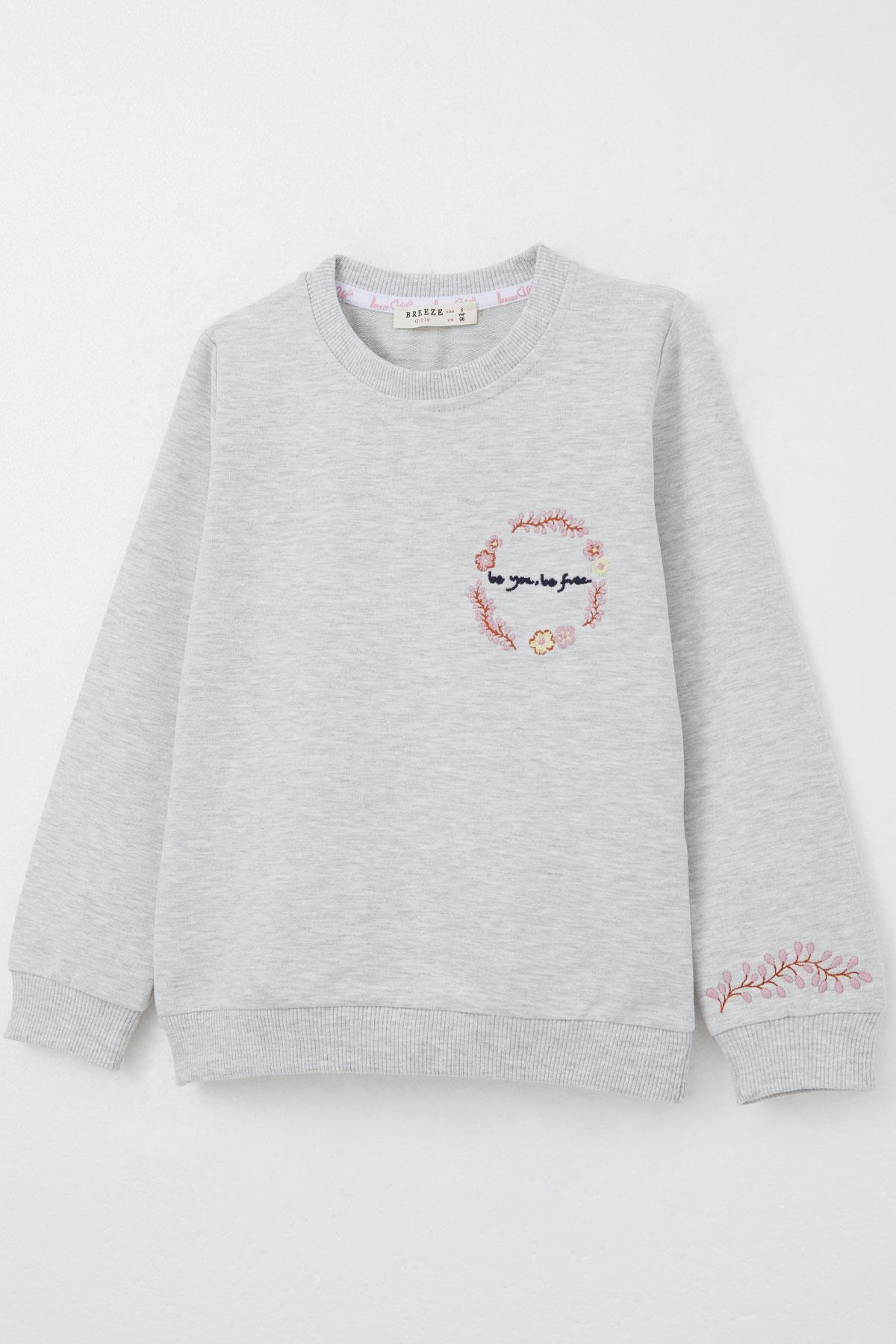 Breeze Kız Çocuk Eşofman Takım Çiçek Nakışlı Açık Gri Melanj (1.5-5 Yaş)