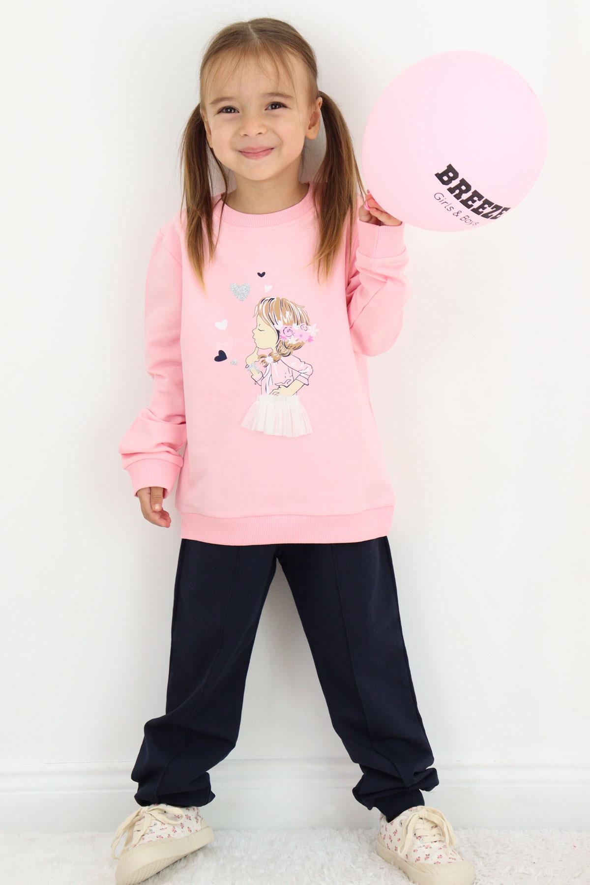 Breeze Kız Çocuk Eşofman Takım Düşünceli Kız Baskılı Pembe (2-4 Yaş)